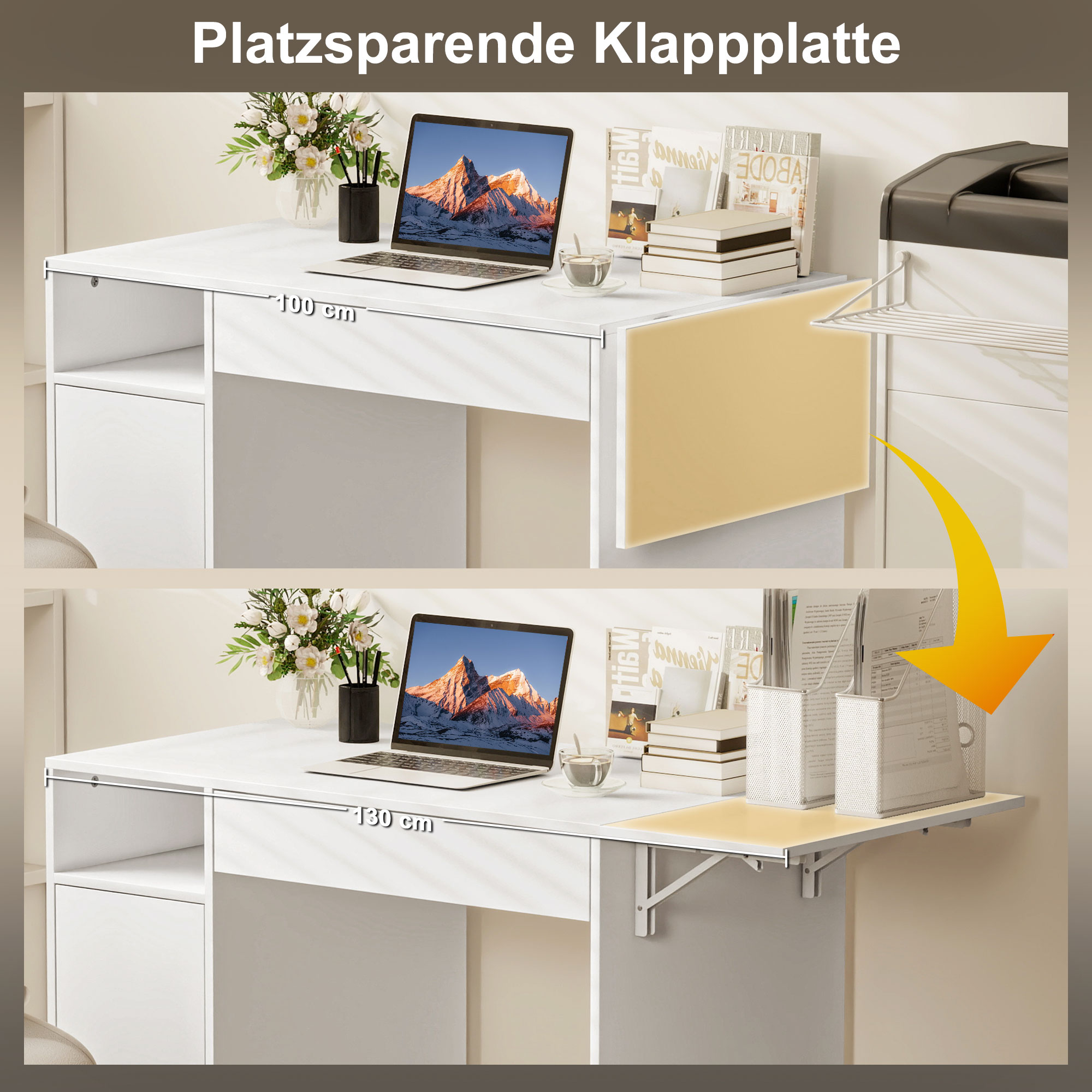 Ein weißer Schreibtisch mit Laptop, Blumen und Büchern, mit einer klappbaren Seitenverlängerung, sowohl geklappt als auch ausgeklappt.