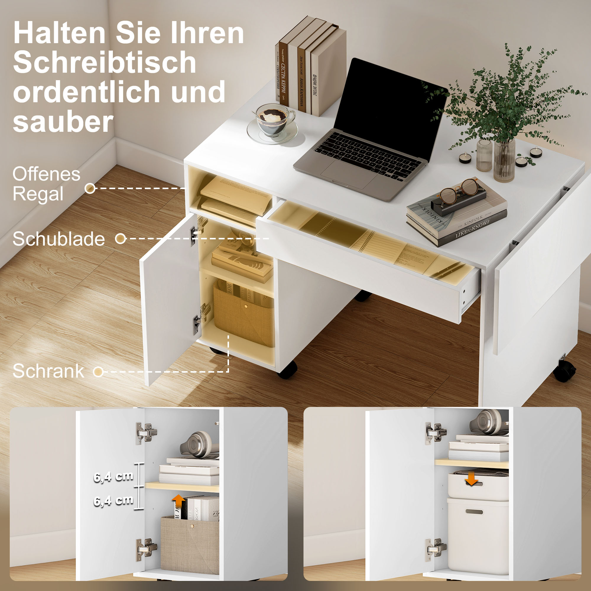 Ein weißer Schreibtisch mit Laptop, Büchern, Pflanzen und Kerzen, mit beschrifteten Ablagefächern: offenes Regal, Schublade, Schrank.
