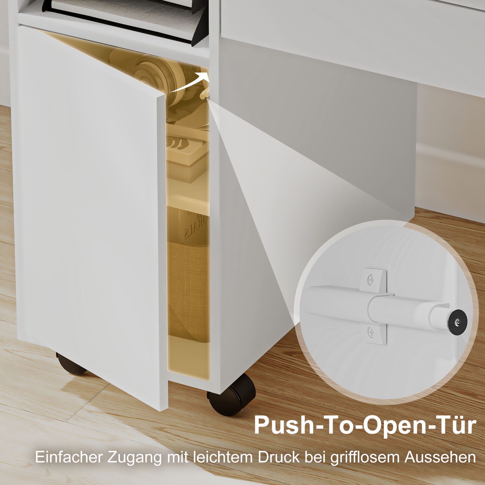 Ein weißer Schrank mit geöffneter Tür, die Stauraum zeigt, und einem weißen Push-to-Open-Verschlussdetail.