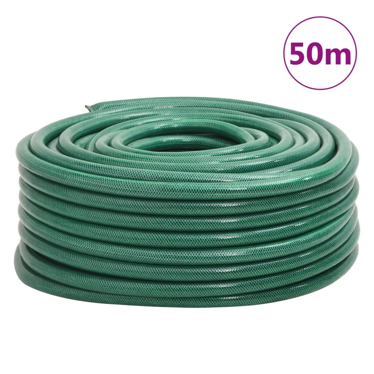 Grüner Gartenschlauch, aufgerollt, mit 50m-Markierung.