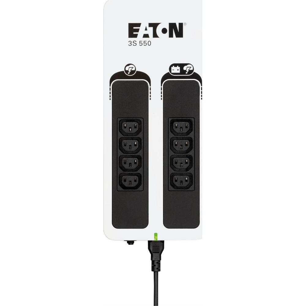 Eaton 3S 550 USV mit acht CEE 7/7 Steckdosen und einem grünen LED-Indikator.