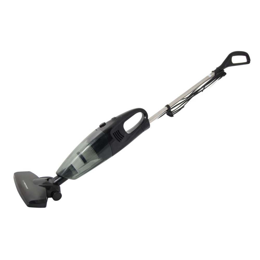 Czarny odkurzacz ręczny ze srebrnym uchwytem i rurą, na białym tle.