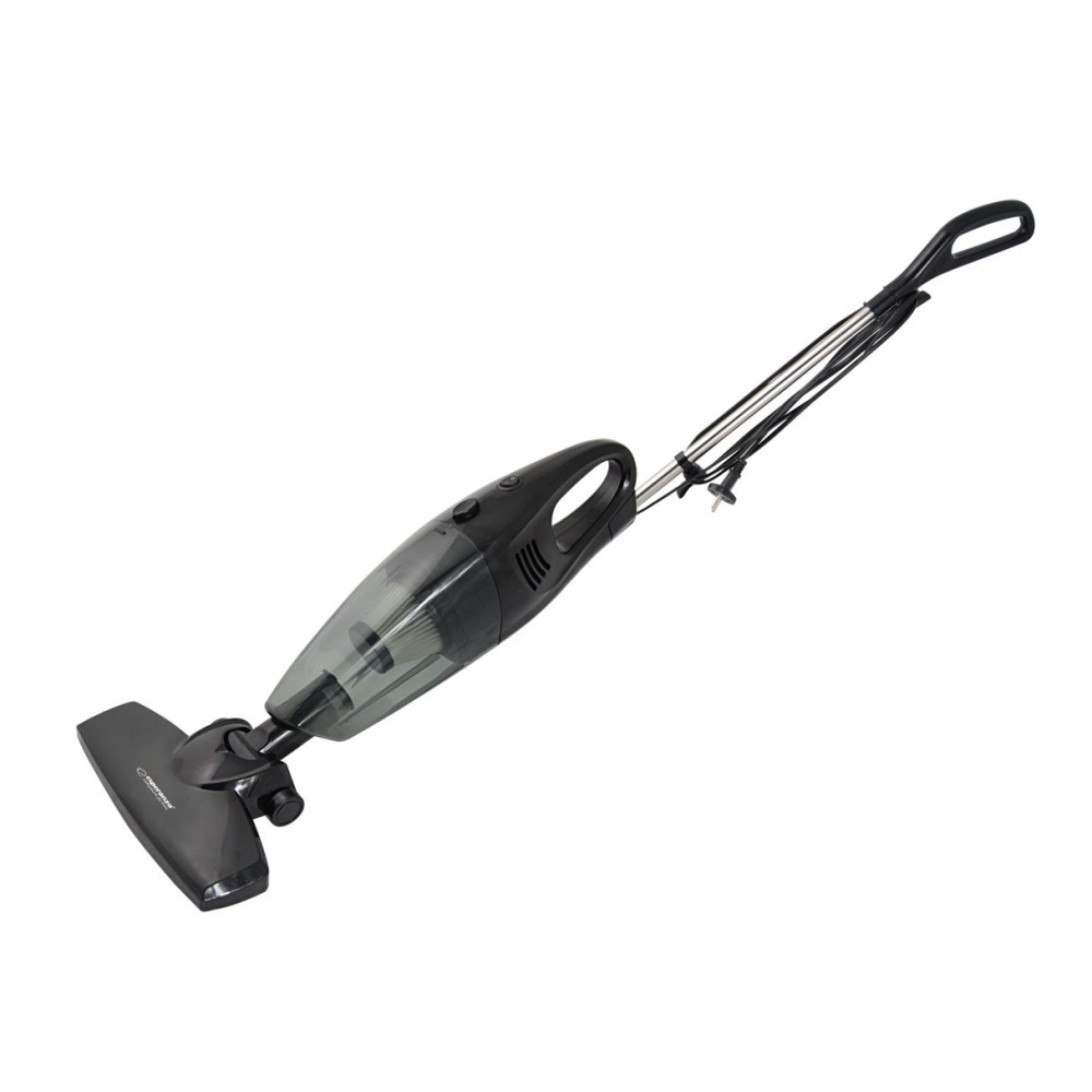 Czarny odkurzacz ręczny z przezroczystym pojemnikiem na kurz i srebrną rurą przedłużającą.