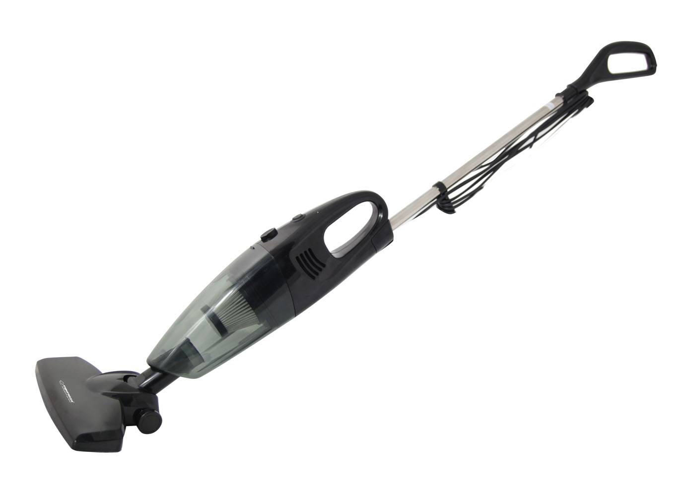 Czarny odkurzacz pionowy ze srebrną rurą i czarnym uchwytem.