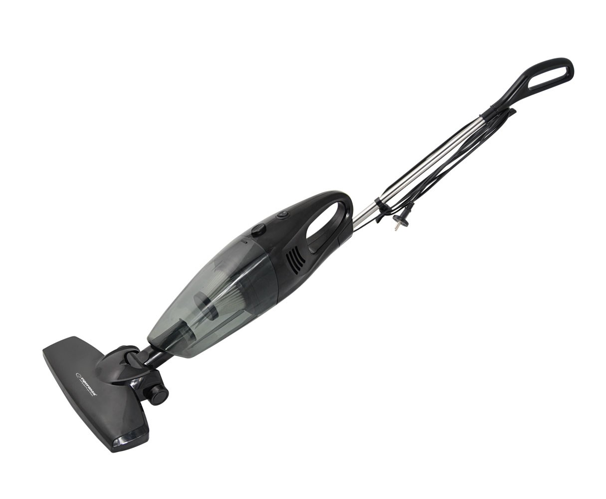 Czarny odkurzacz ręczny z kijem i przezroczystym pojemnikiem na kurz.