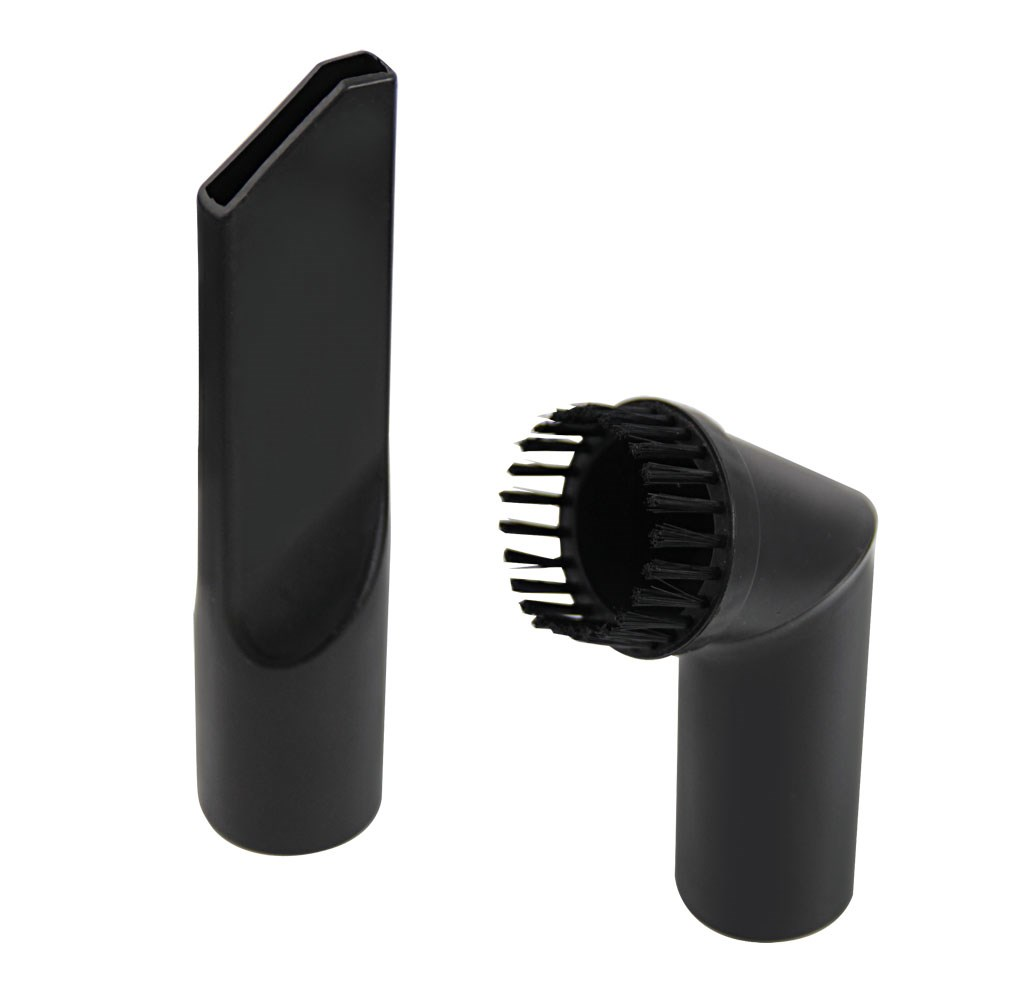 Dwa czarne ssawki do odkurzacza: wąska i szczotkowa.