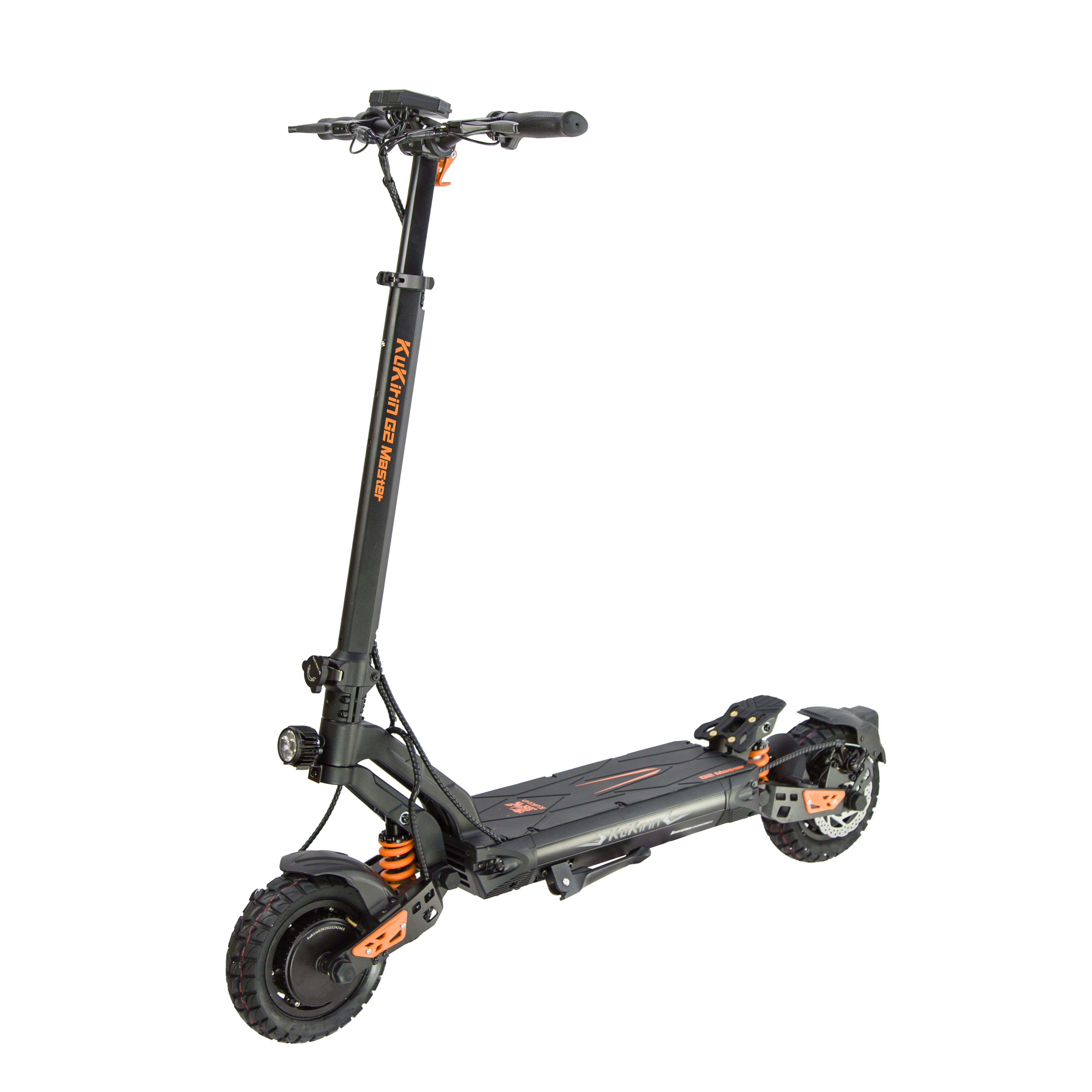 Uno scooter elettrico nero con accenti arancioni, su sfondo nero.