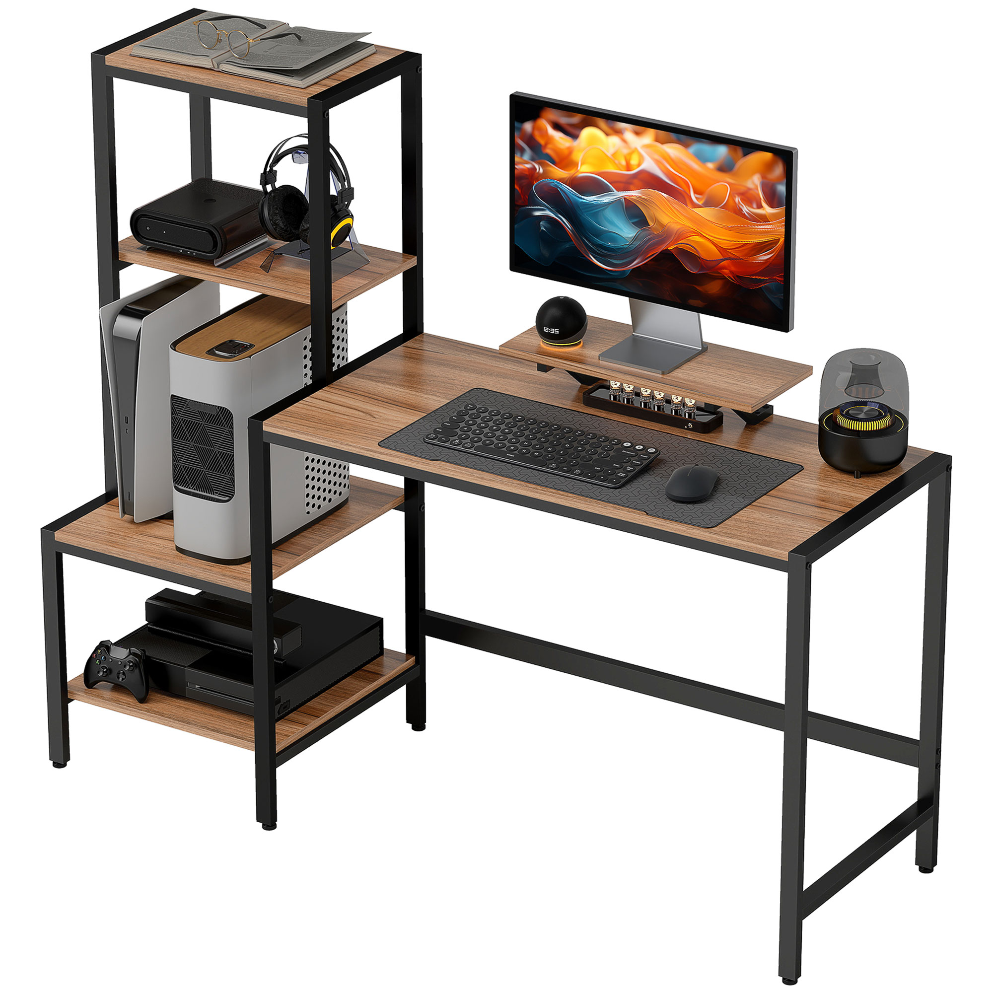 Ein Schreibtisch mit einem Computer, Monitor, Tastatur, Maus und Regalen mit Spielen.