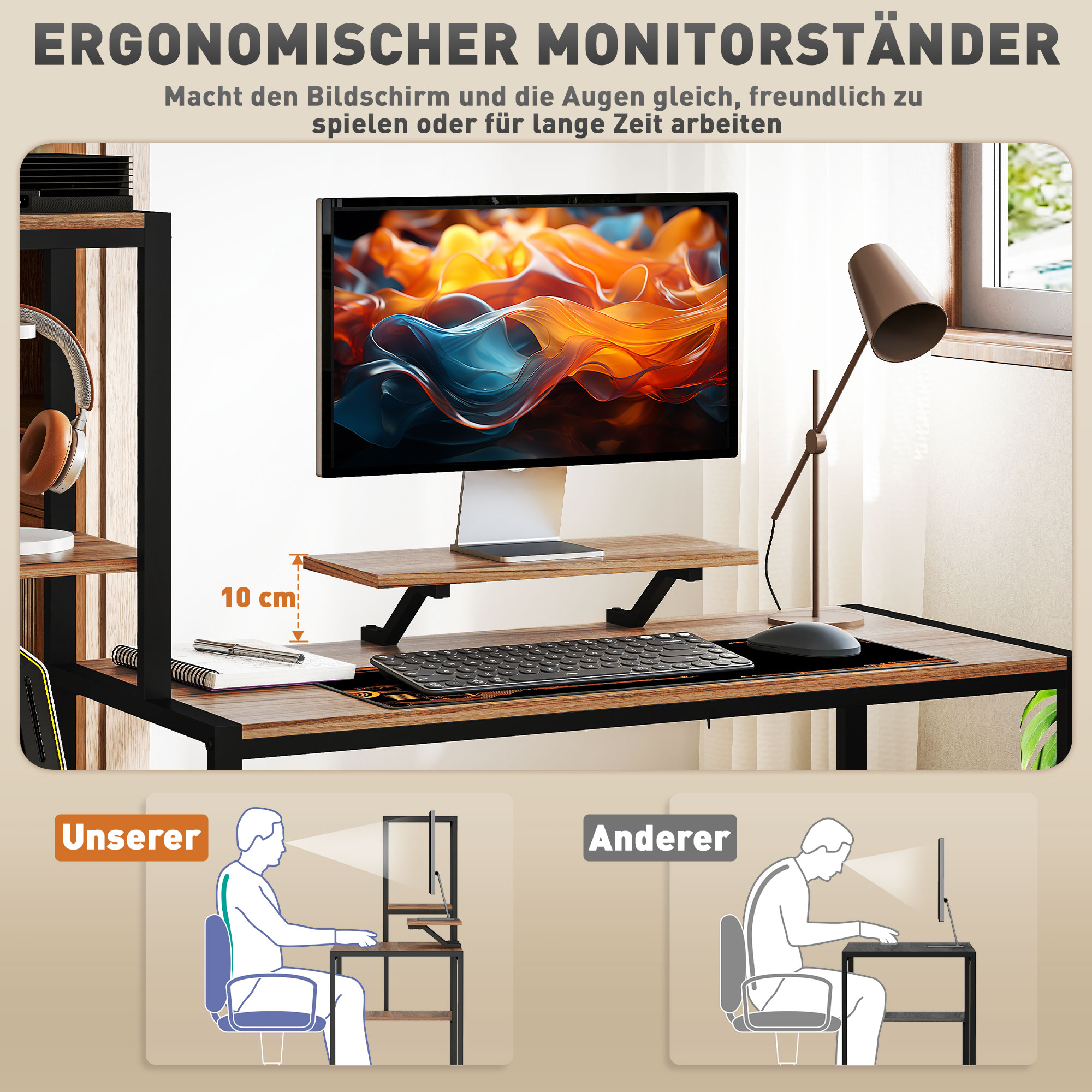 Schreibtisch mit Monitorständer, Tastatur, Maus und Kopfhörern. Links die richtige Haltung, rechts die falsche.