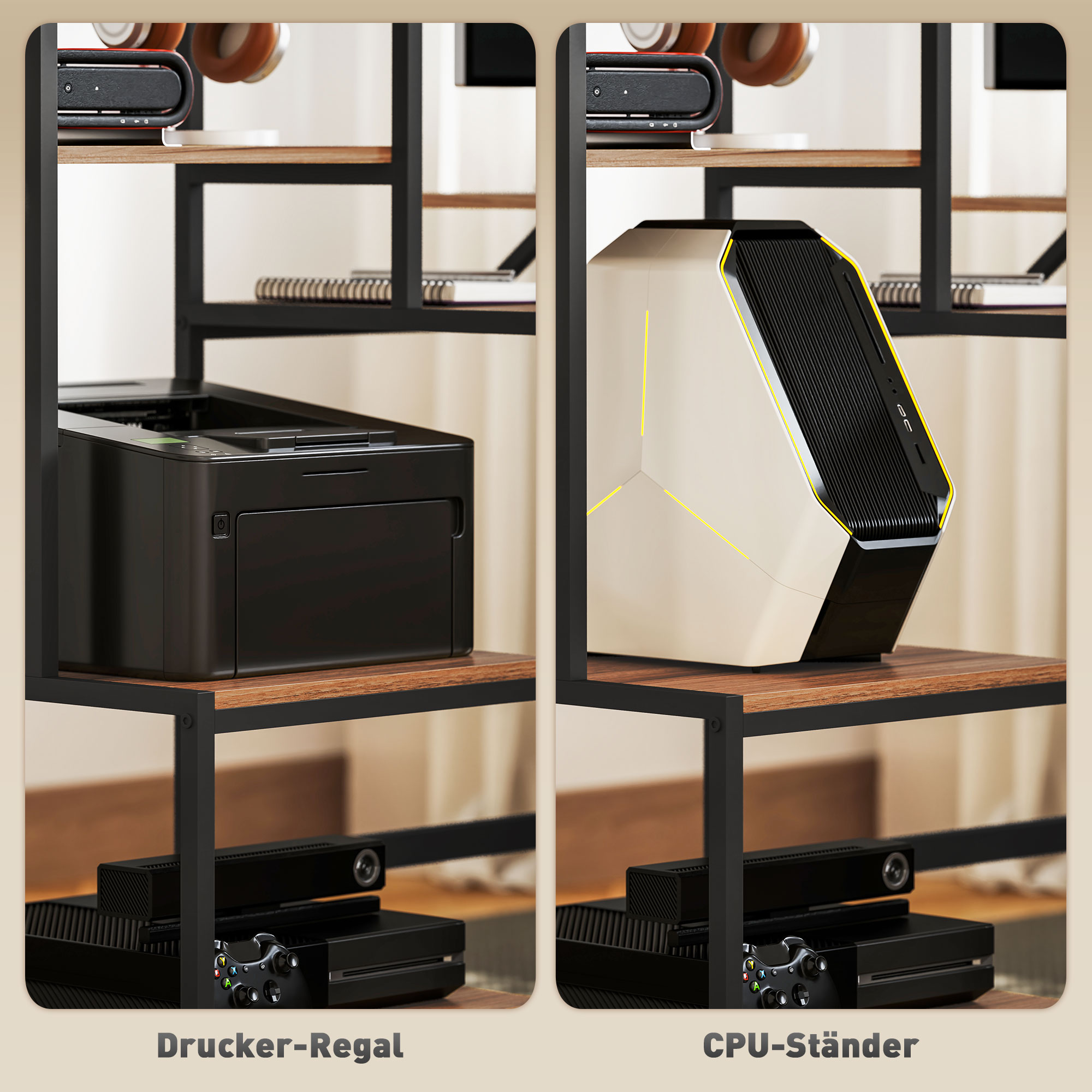 Regal mit Drucker und Computergehäuse. Kopfhörer und Spielekonsole sind sichtbar.