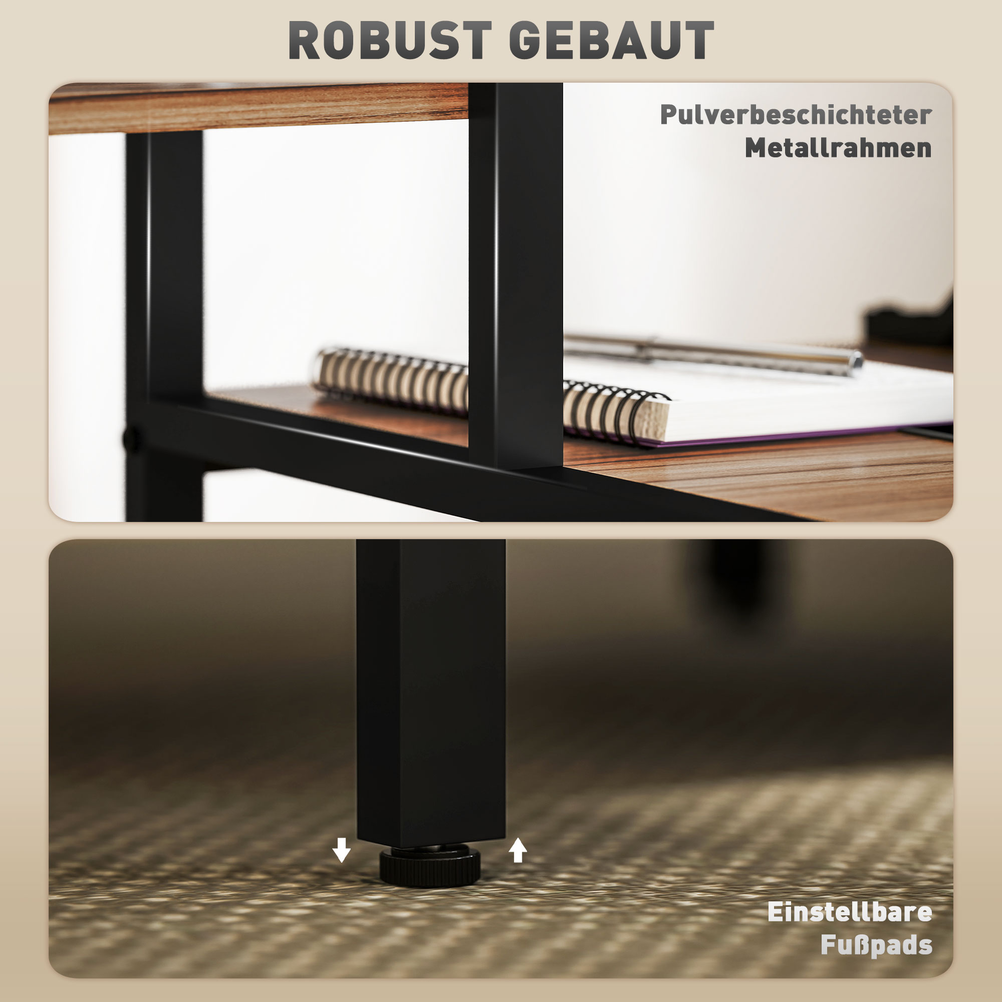 Robust gebauter Metallrahmen mit verstellbaren Füßen auf Teppich.
