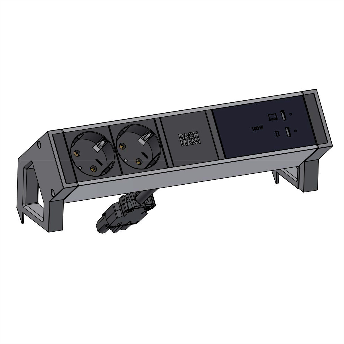 Multipresa grigia con due prese, porte USB e etichetta "100W".
