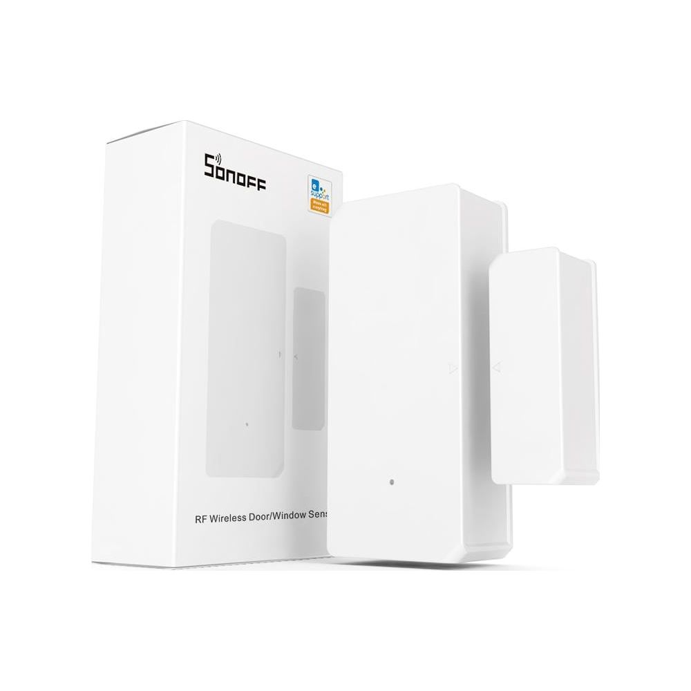 Białe czujniki drzwi/okien Sonoff z opakowaniem na białym tle.