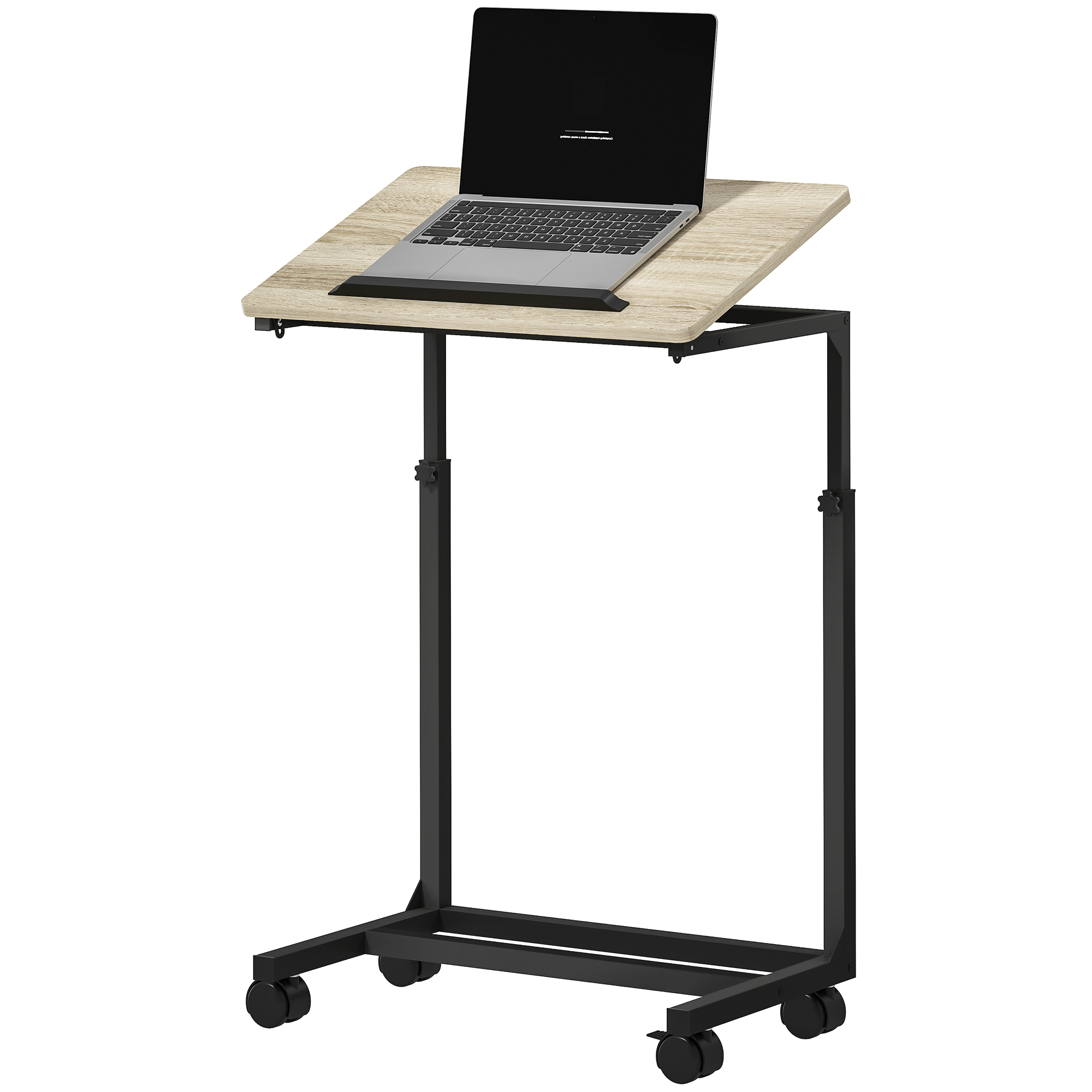 Ein Laptop steht auf einem höhenverstellbaren Schreibtisch auf Rädern.