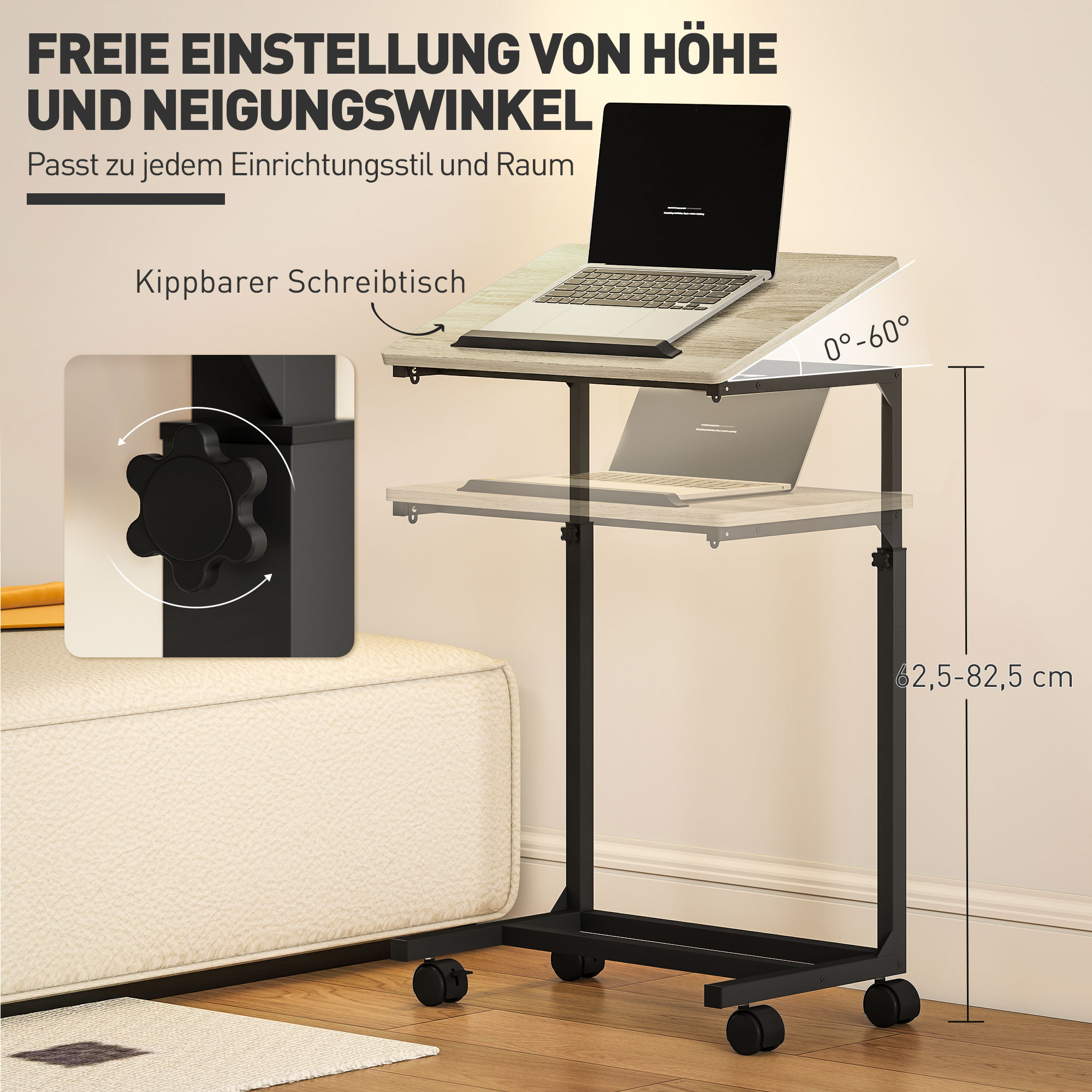 Ein kippbarer Schreibtisch mit Laptop, höhenverstellbar von 62,5-82,5 cm.