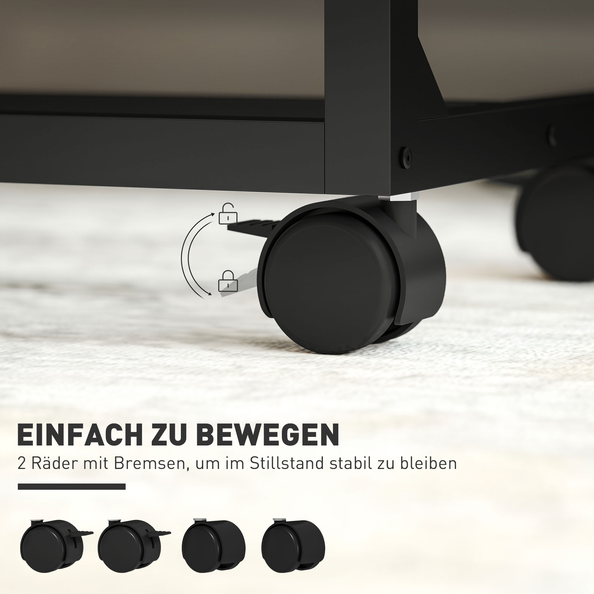 Schwarze Rollen mit Feststellbremsen für Stabilität und Mobilität.
