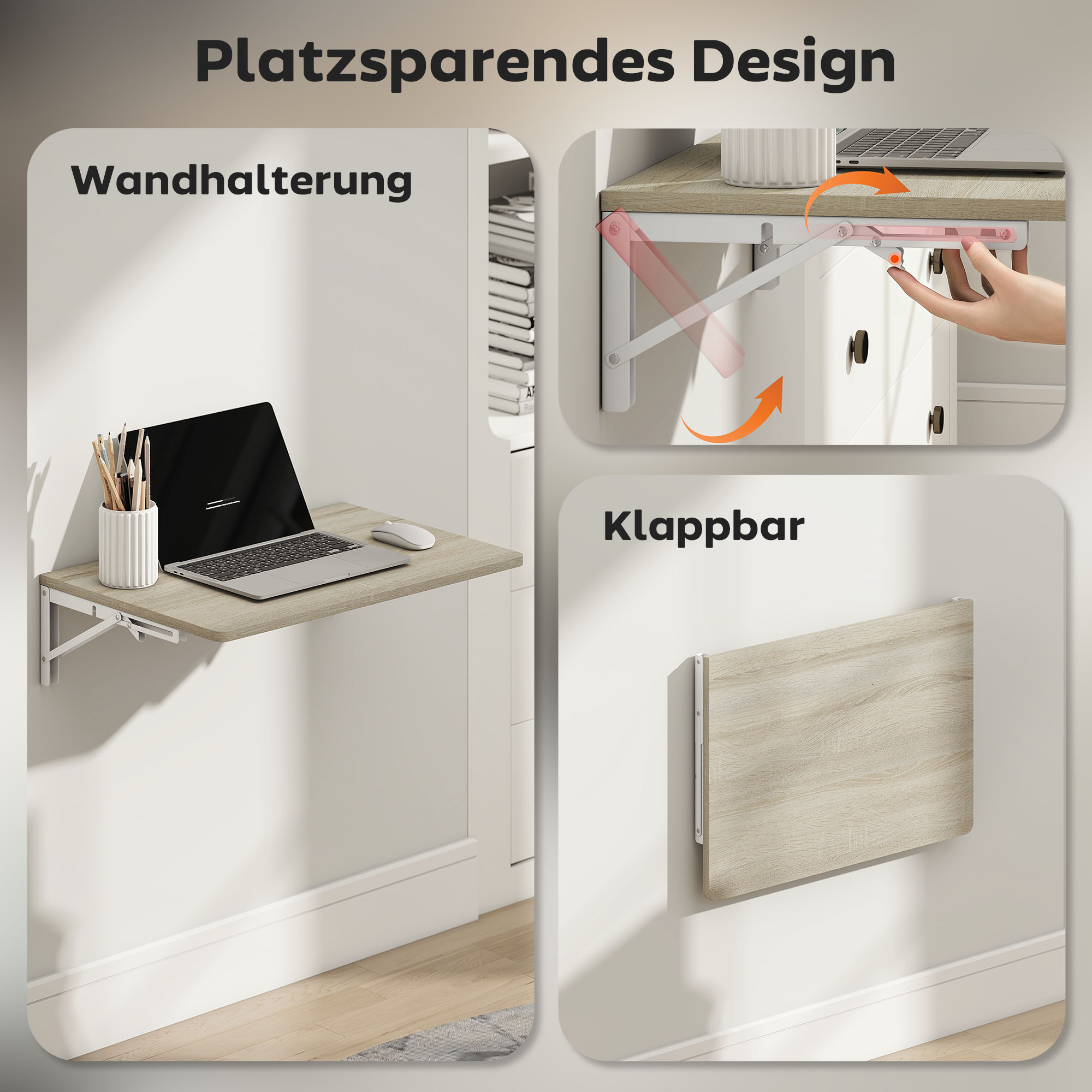 Wandmontierter Schreibtisch mit Laptop, Maus und Stiften.