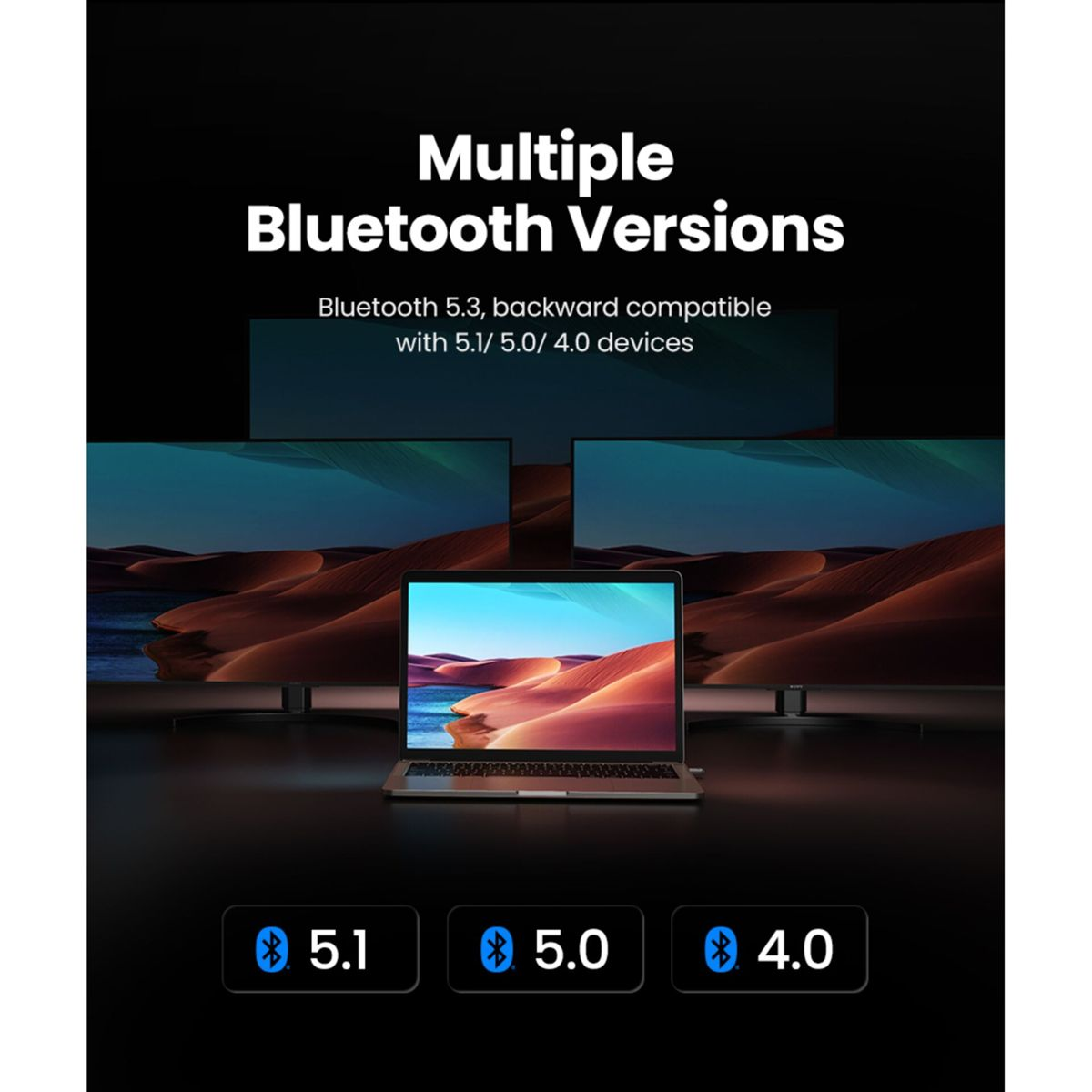 Laptop przed wieloma ekranami z pustynnym krajobrazem. Bluetooth 5.1, 5.0, 4.0.