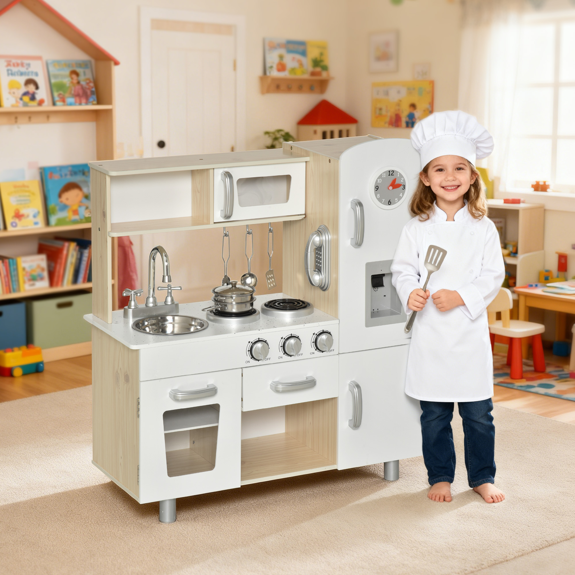 Un niño sonriente con gorro y bata de chef está junto a una cocina de juguete.