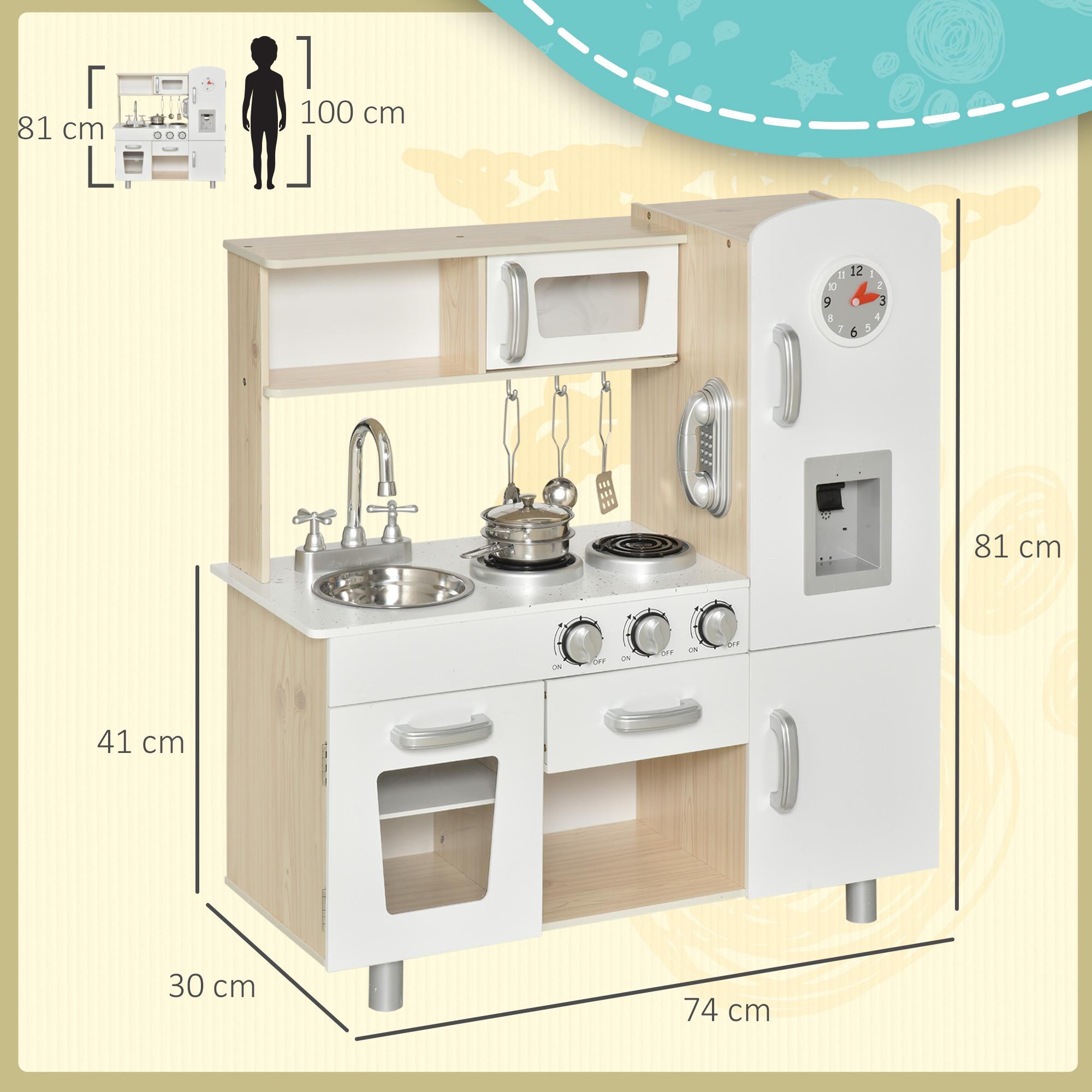 Un juego de cocina de juguete blanco con fregadero, estufa y refrigerador.