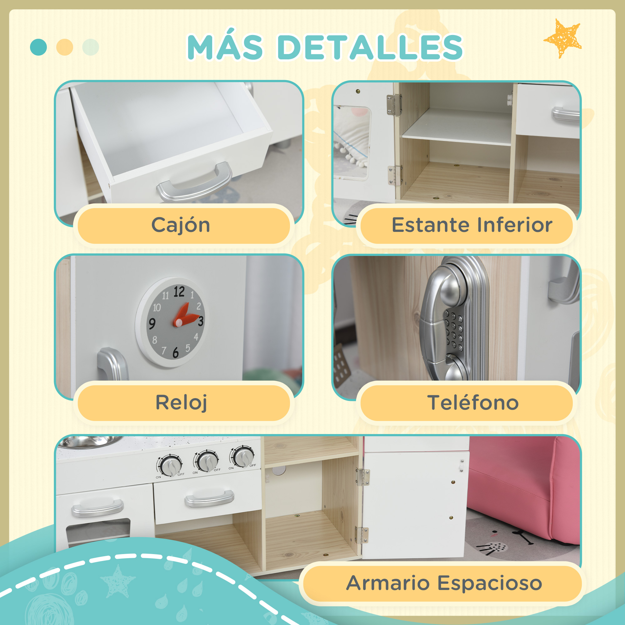 Vistas de detalle: cajón, estante, reloj, teléfono, cocina y armario.