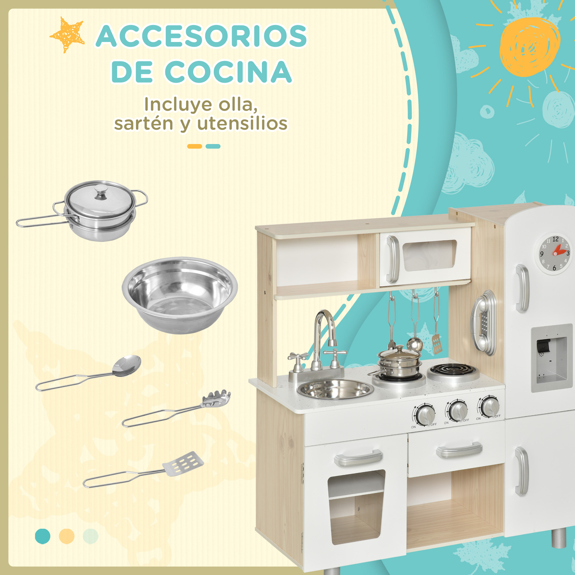 Accesorios de cocina de juguete: olla, sartén, cuenco y utensilios.