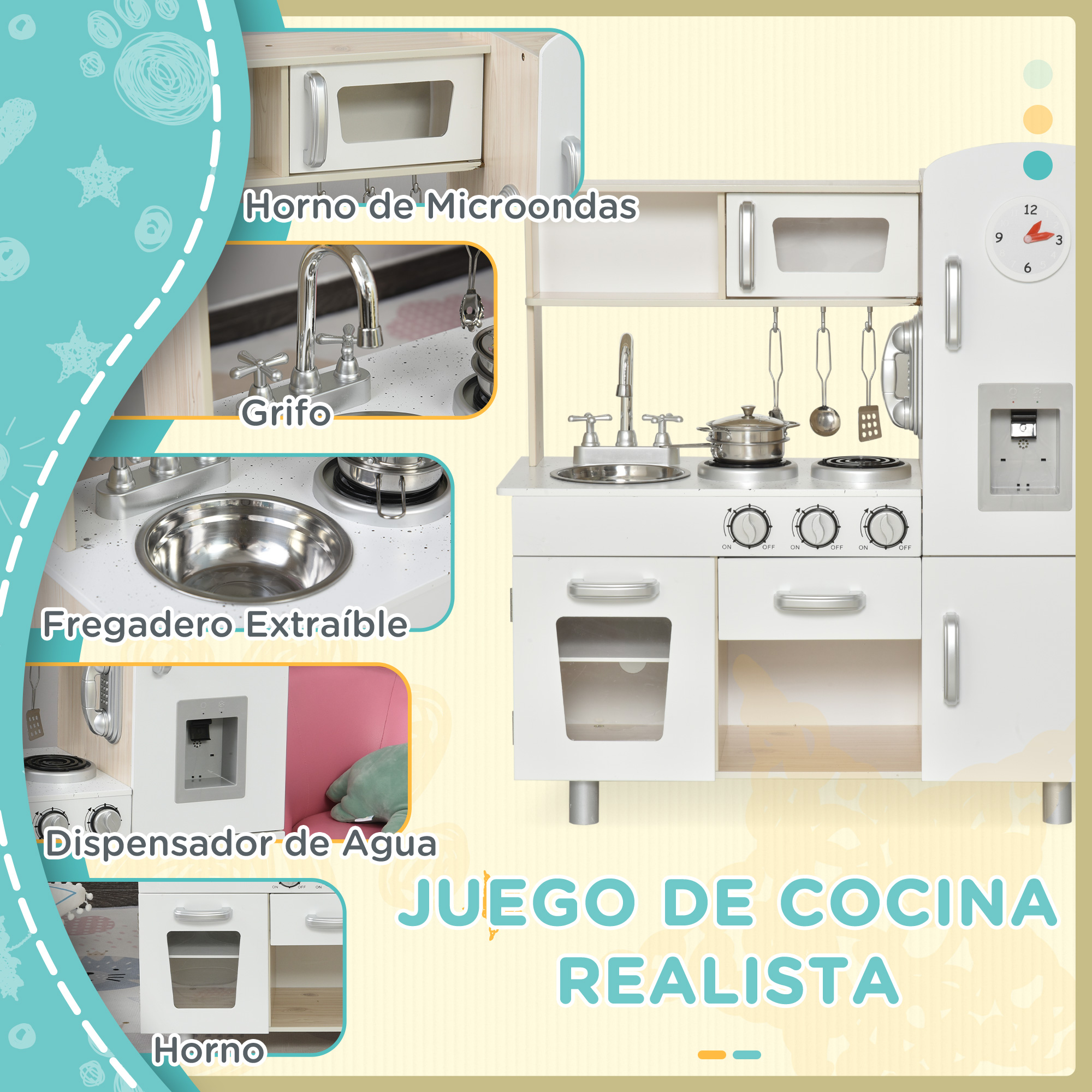 Un juego de cocina de juguete blanco con microondas, estufa, fregadero y nevera.