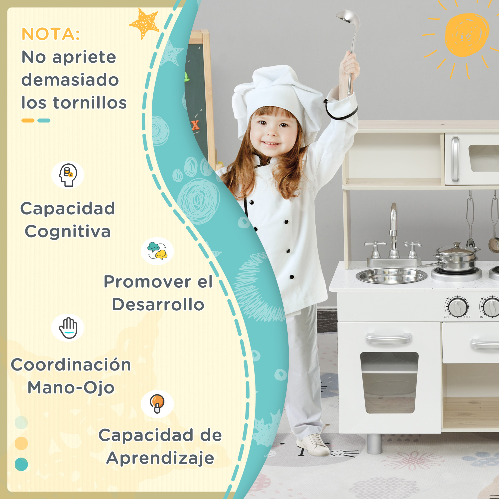 Un niño con traje de chef sostiene un cucharón sobre una cocina de juguete.