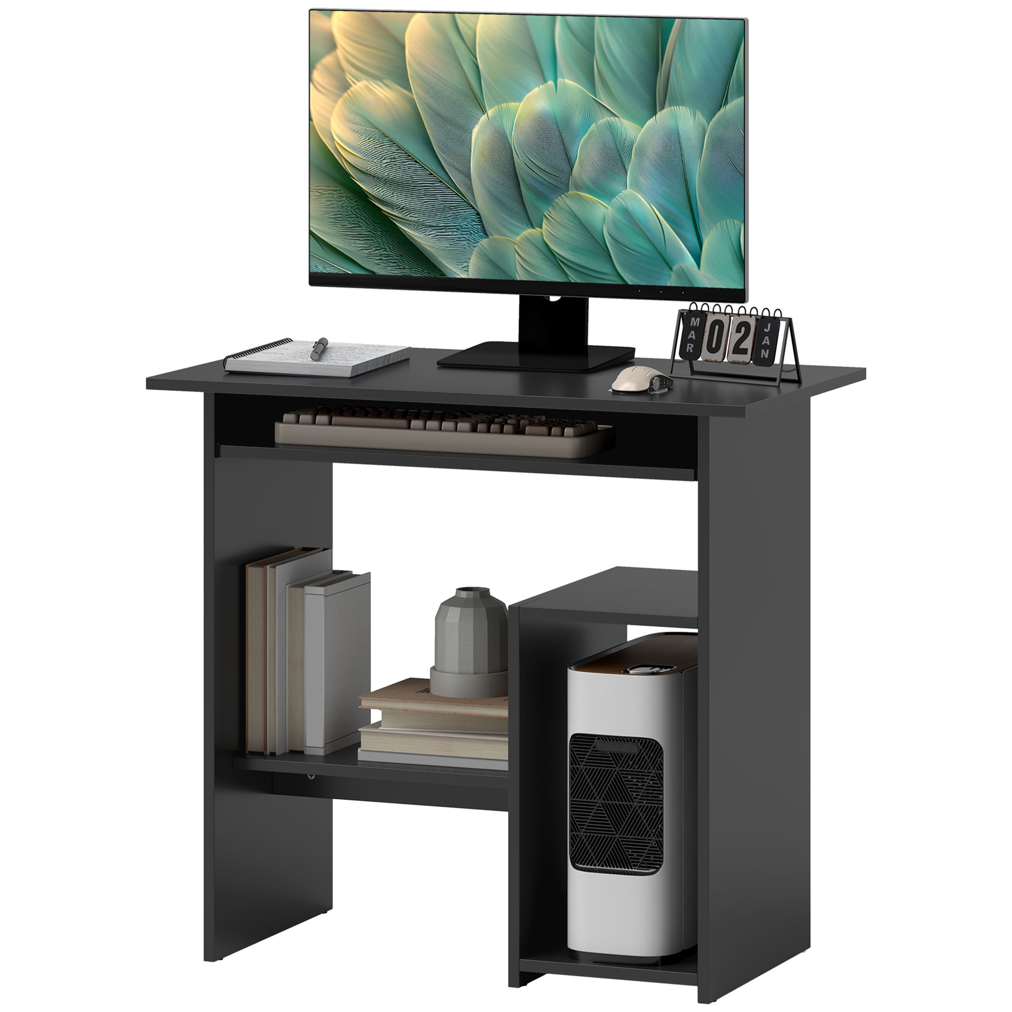 Schwarzer Schreibtisch mit Monitor, Tastatur, Maus, Kalender, Büchern und einem Heizlüfter.