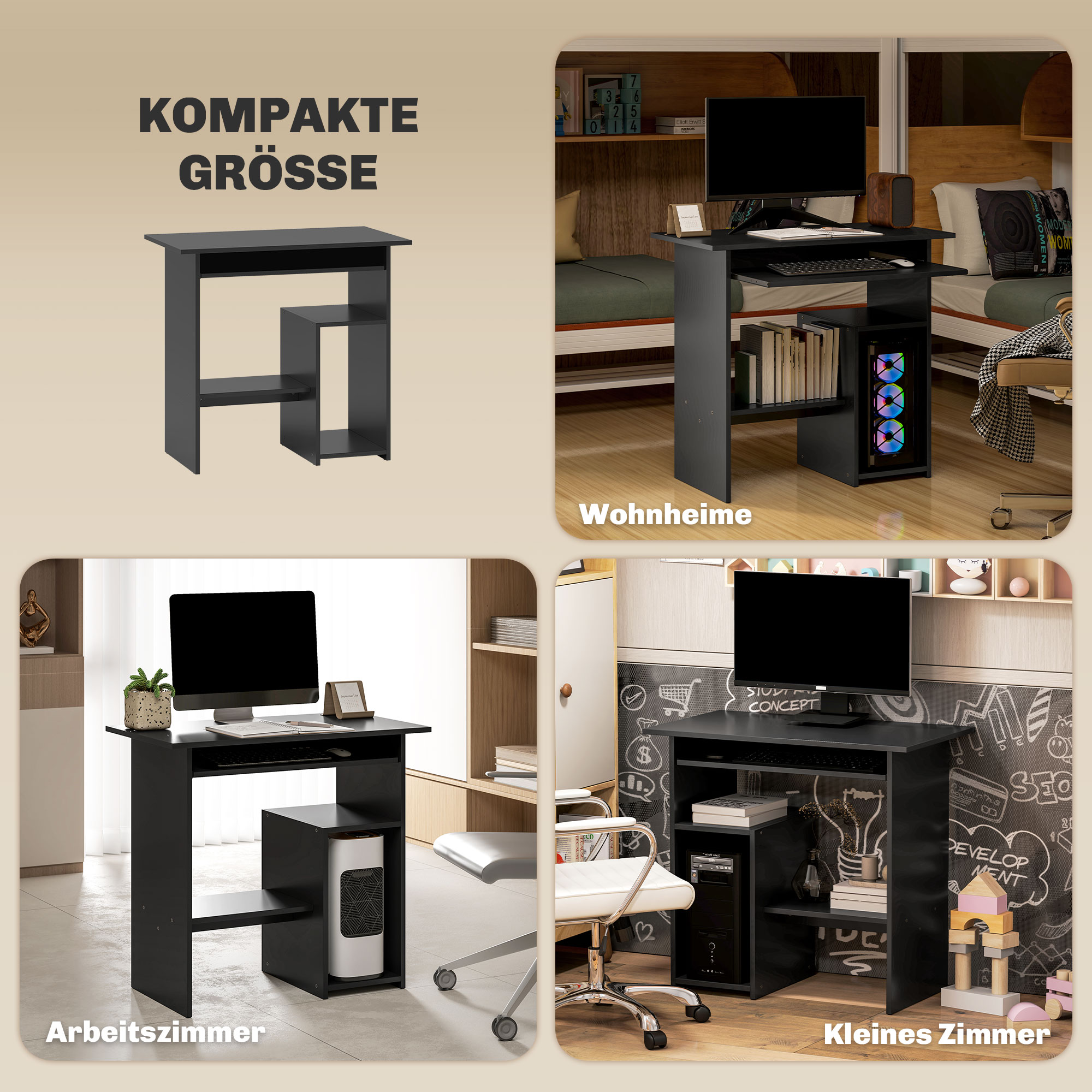 Kompakter schwarzer Schreibtisch mit Computer, Tastatur und Maus.