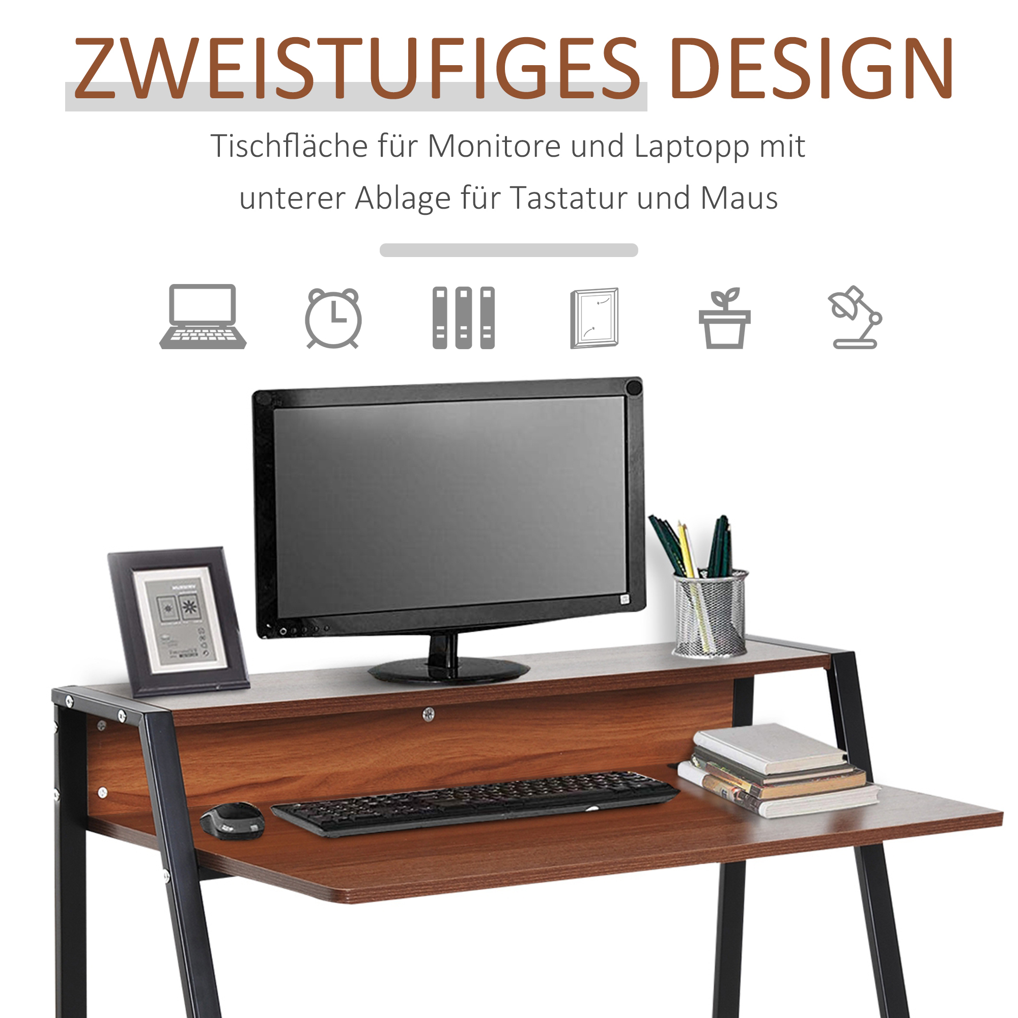 Ein Schreibtisch mit Monitor, Tastatur, Maus, Büchern und Stiften.