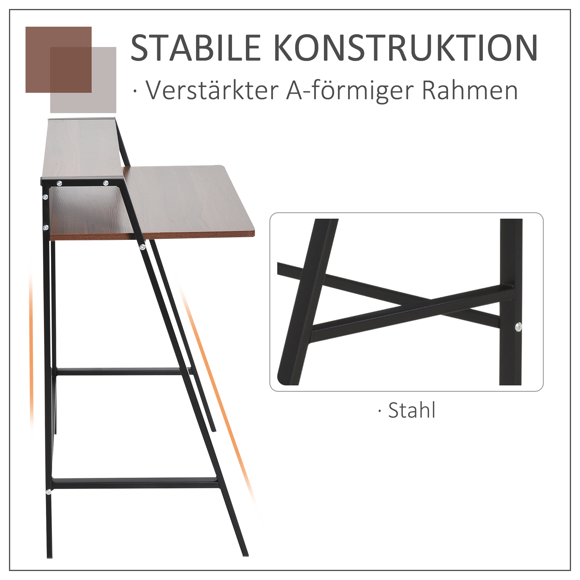 Brauner Schreibtisch mit schwarzem Metallrahmen und A-förmigen Beinen.