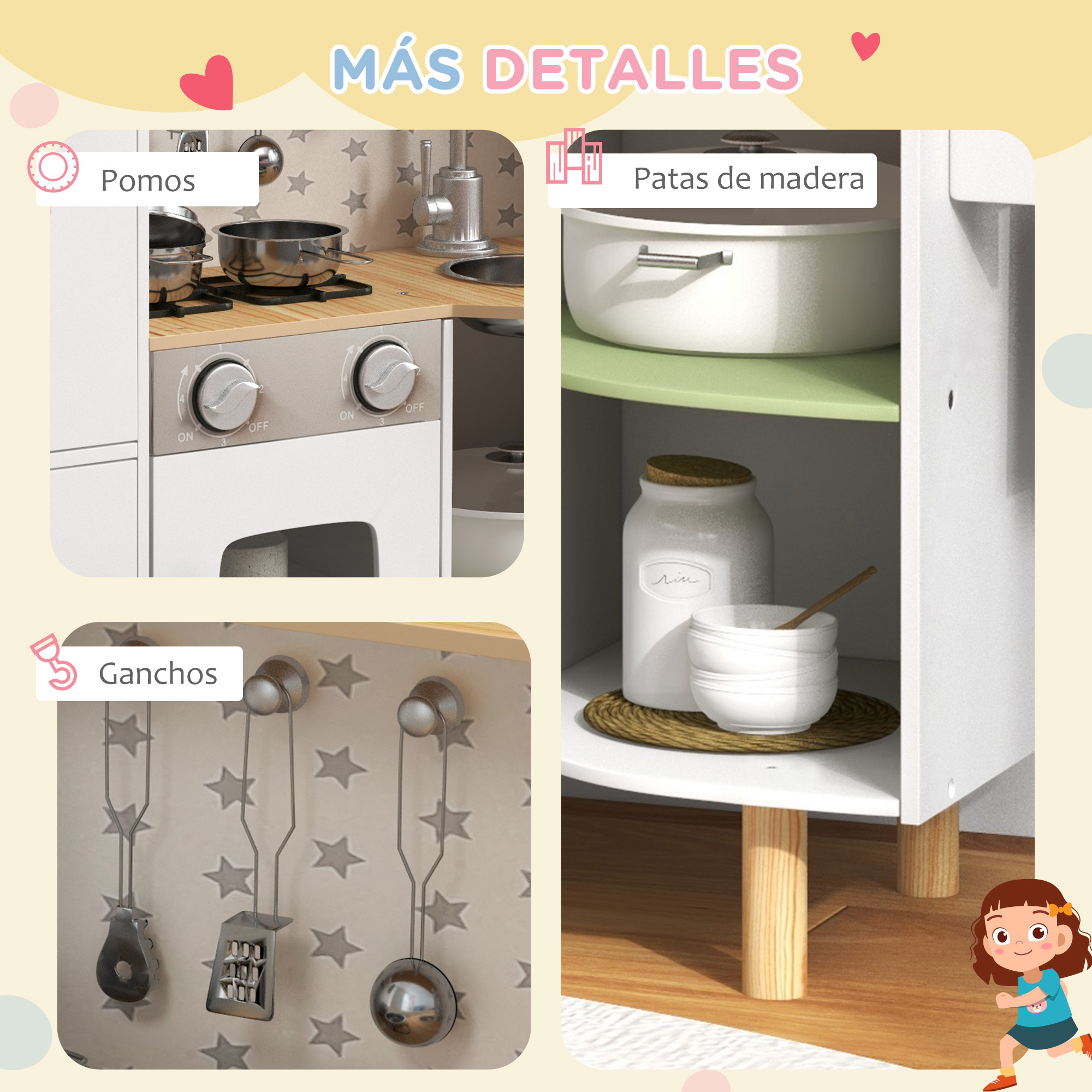 Primer plano de una cocina de juguete con detalles de quemadores, patas de madera y utensilios.