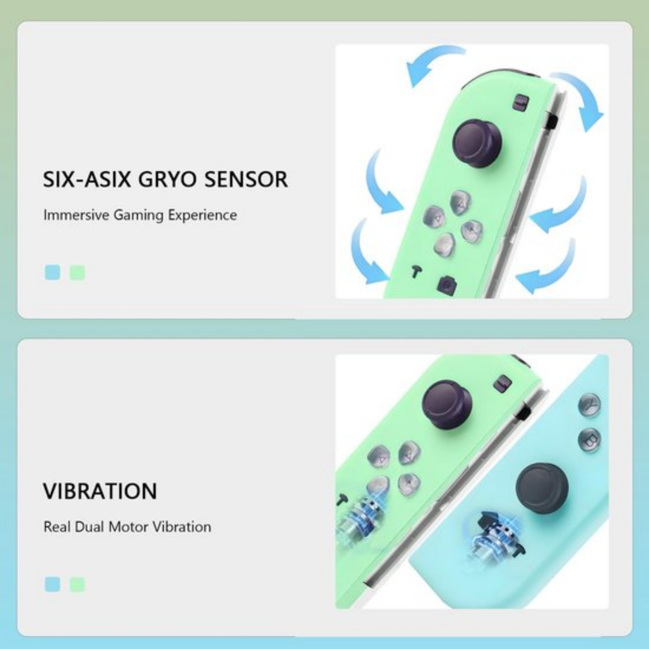 Grüne und blaue Controller-Griffe mit Pfeilen, die Drehungen zeigen.