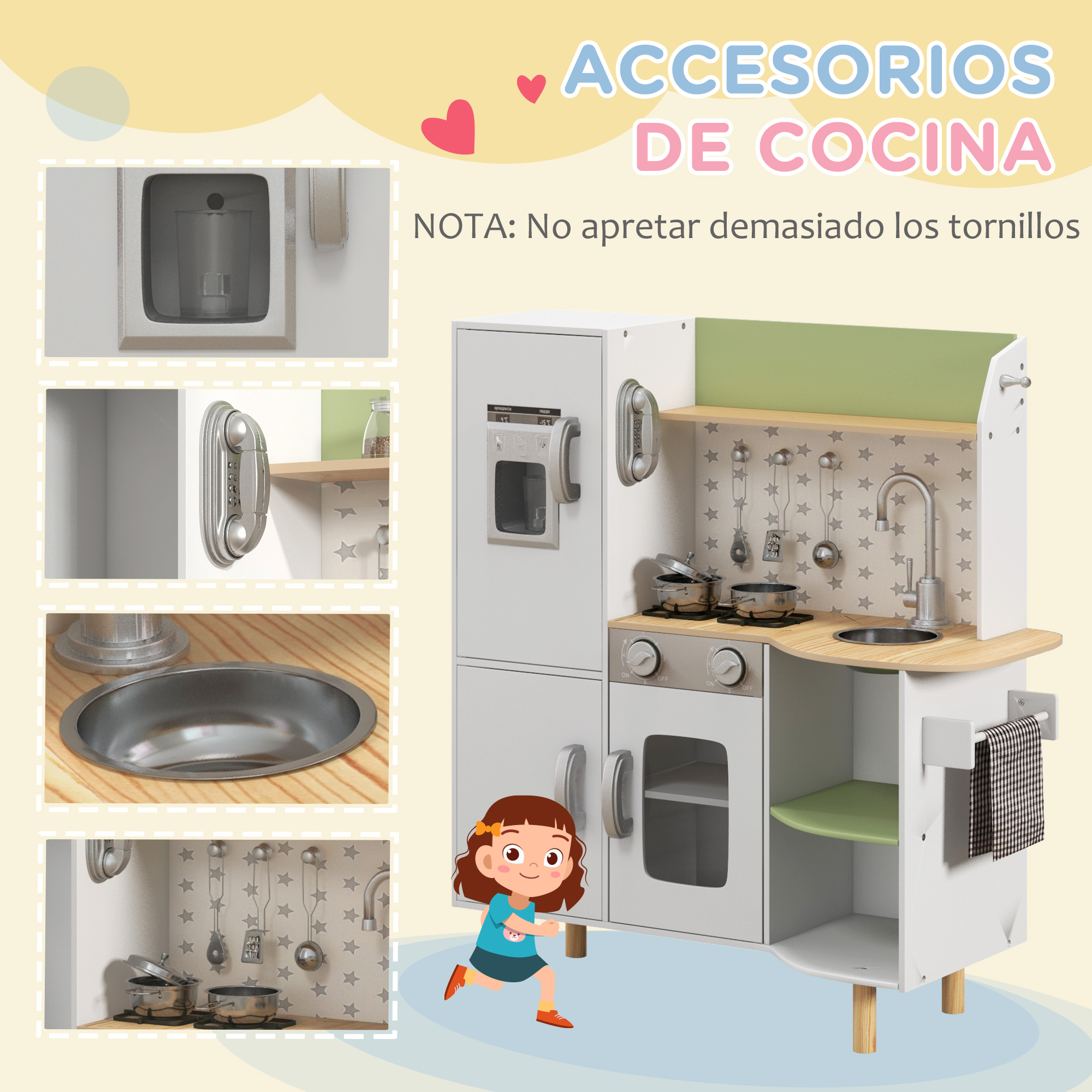 Cocina de juguete infantil con accesorios. Incluye cocina, fregadero y nevera.