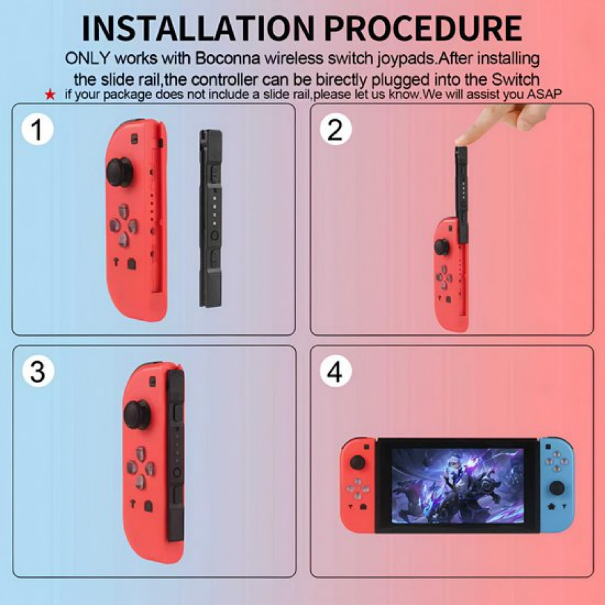 Anleitung: Rote Joy-Cons und Schienen. Konsole mit Joy-Cons.