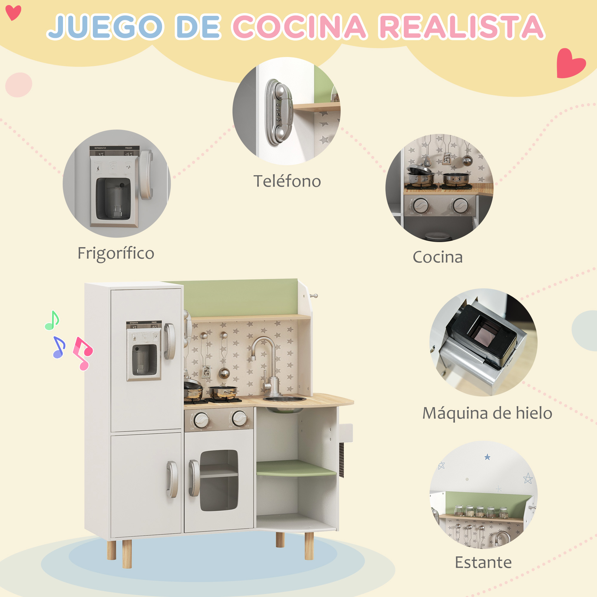 Un juego de cocina de juguete con nevera, estufa, teléfono y estante.