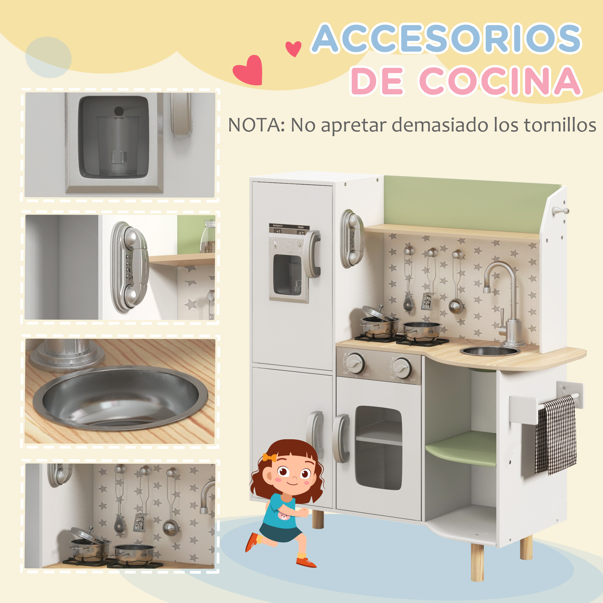 Un set de cocina de juguete con nevera, cocina, fregadero y utensilios.