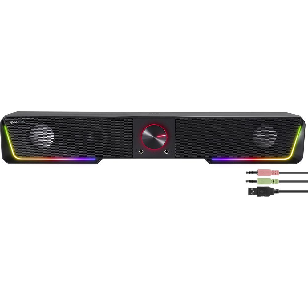 Black soundbar with RGB lighting, volume knob, and audio/USB cables.