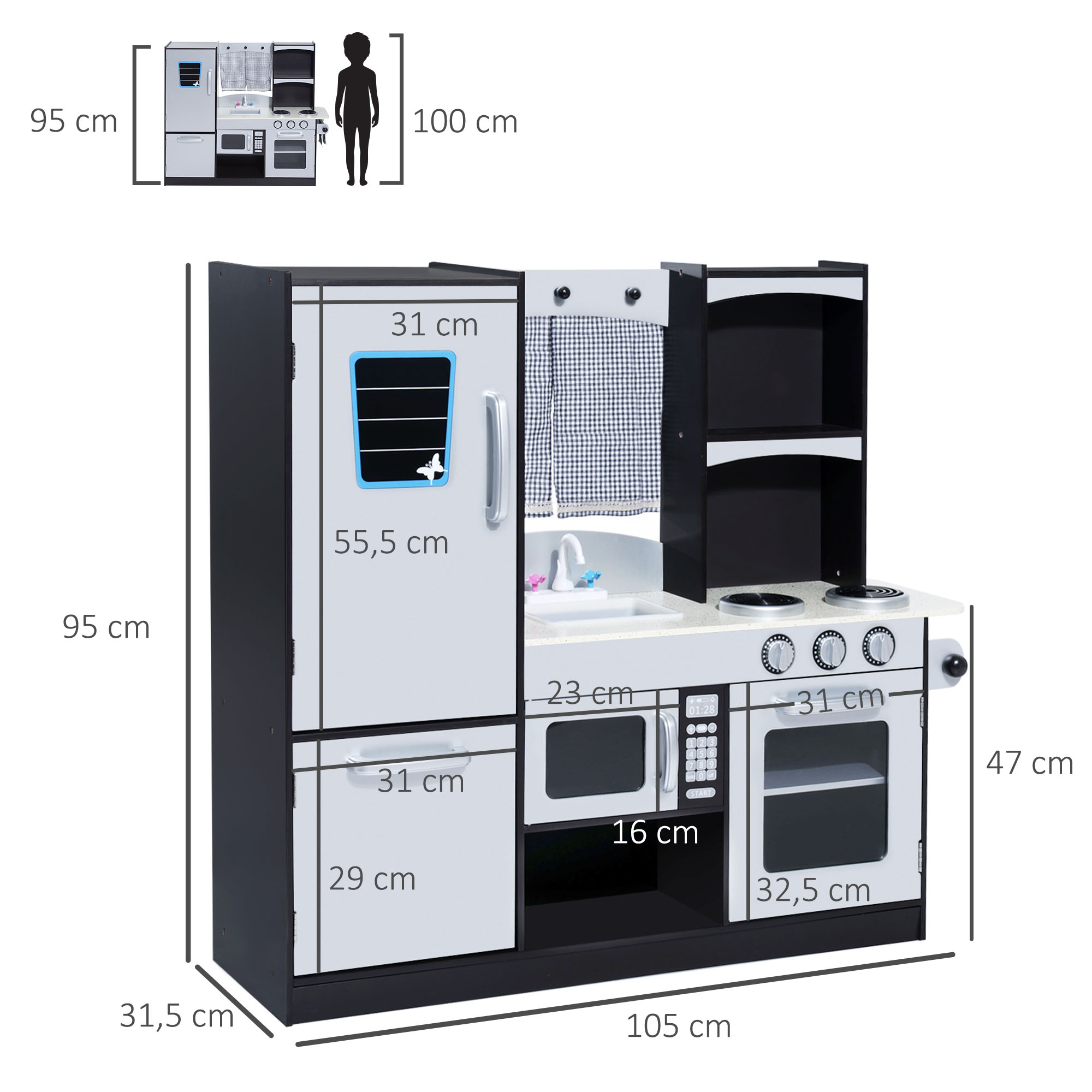 Una cocina de juguete con refrigerador, estufa, microondas y fregadero.