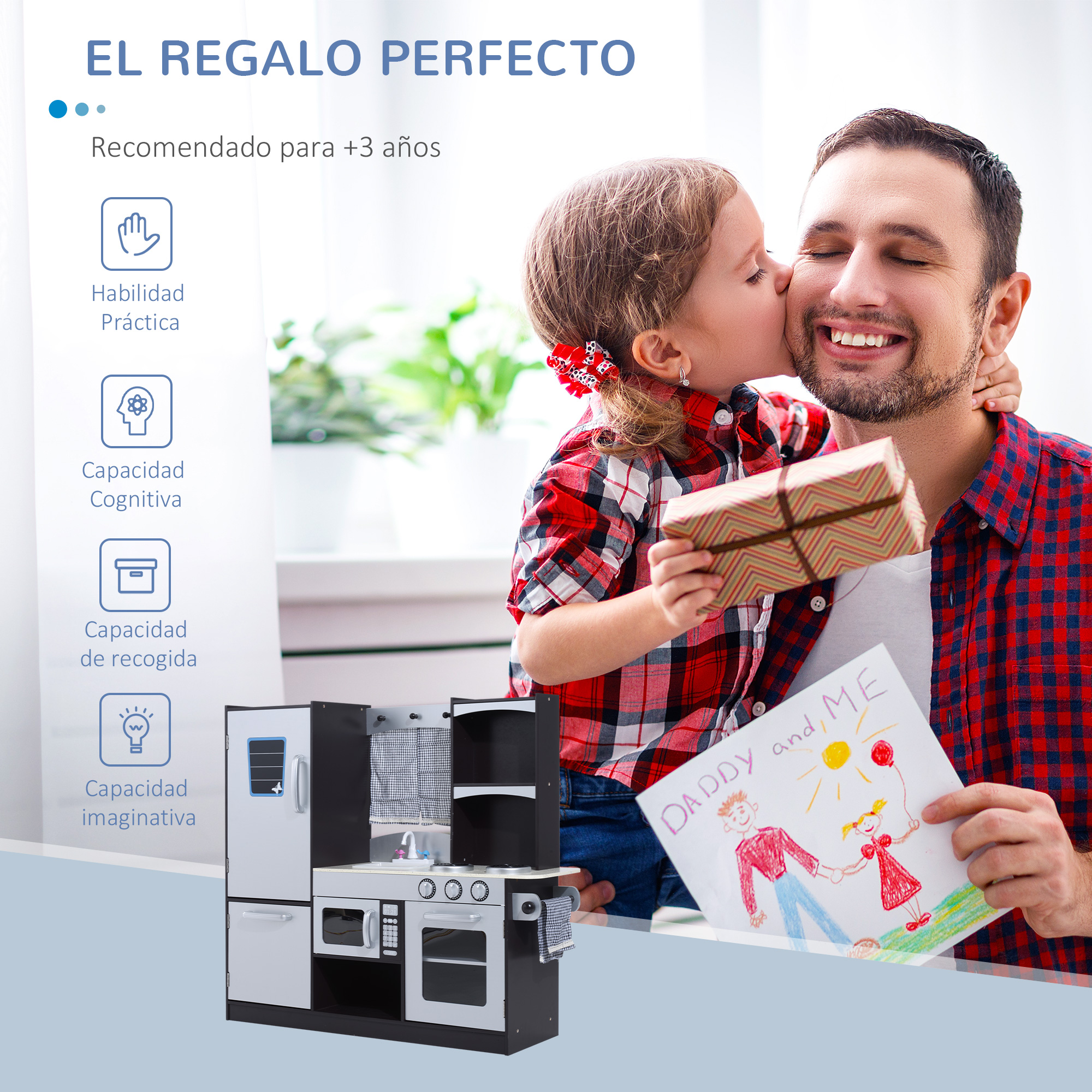 Una niña besa a su padre que sostiene un regalo. Una cocina de juguete está a la izquierda.