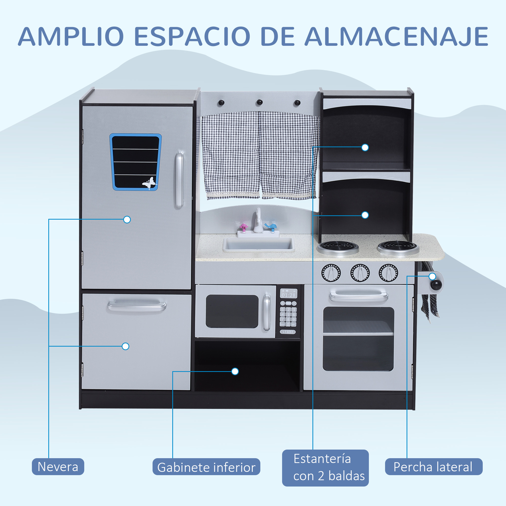 Un set de cocina de juguete con refrigerador, estufa, microondas y fregadero.