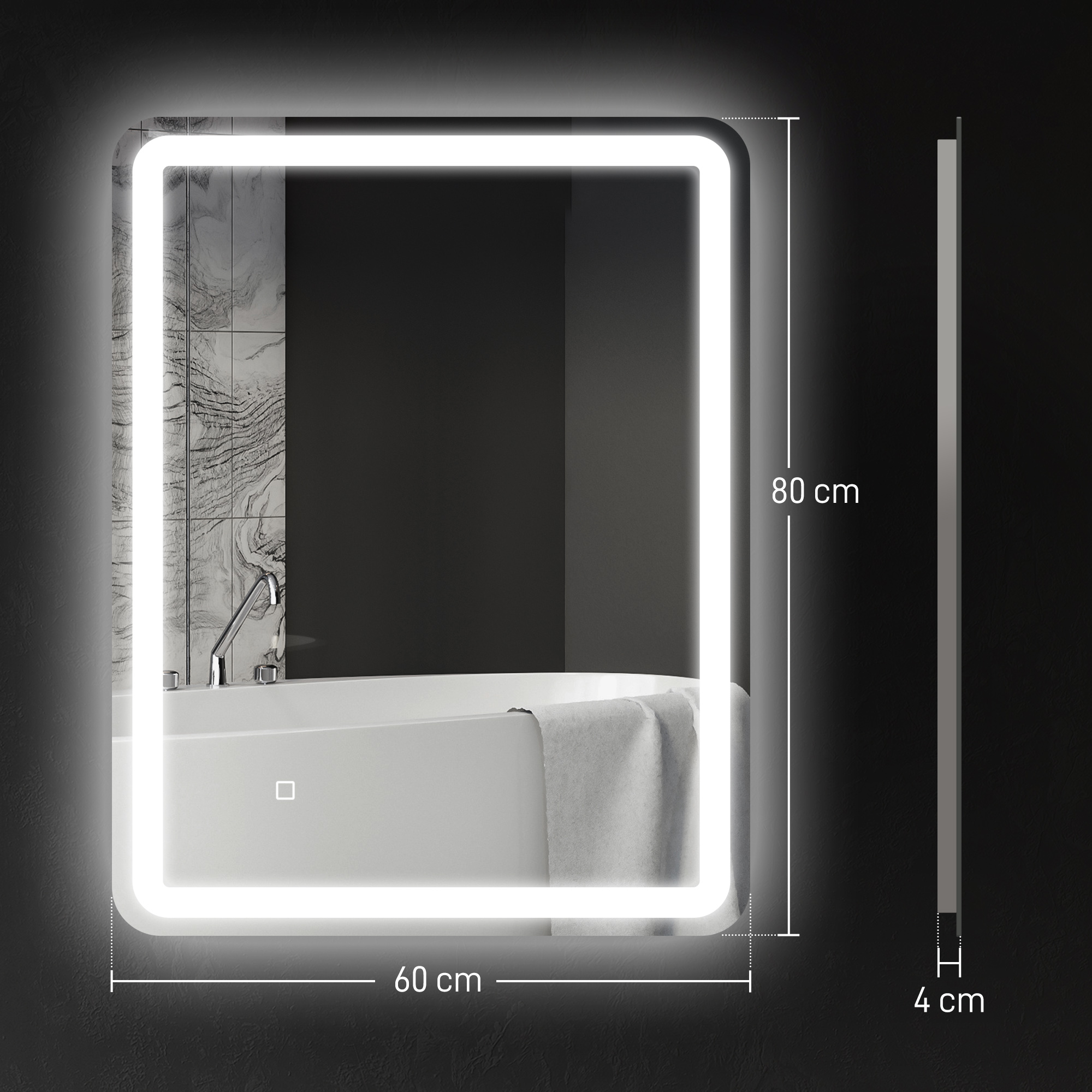 Espejo iluminado (60x80cm) sobre una bañera con toalla.