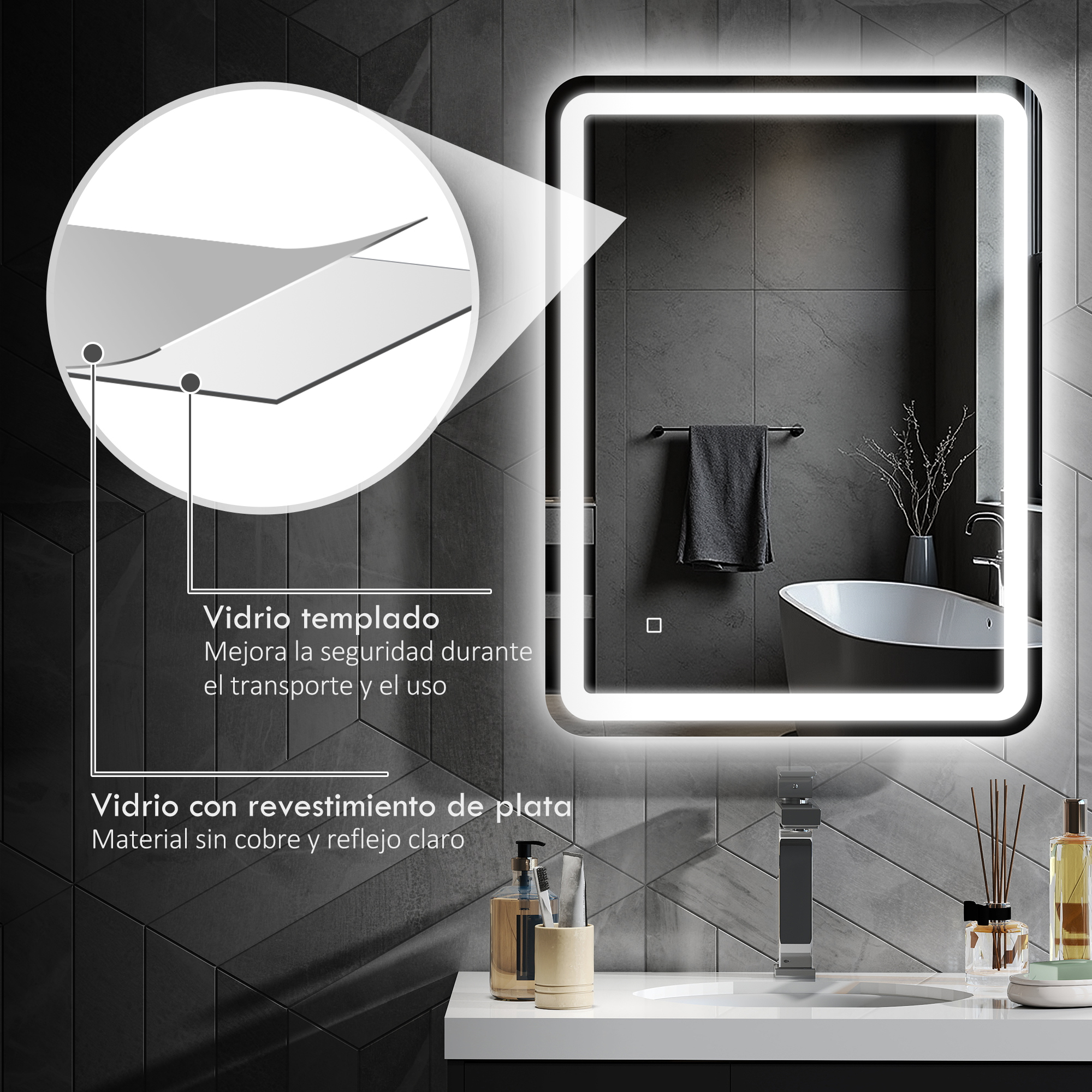 Un espejo retroiluminado sobre un lavabo con grifo y accesorios de baño.
