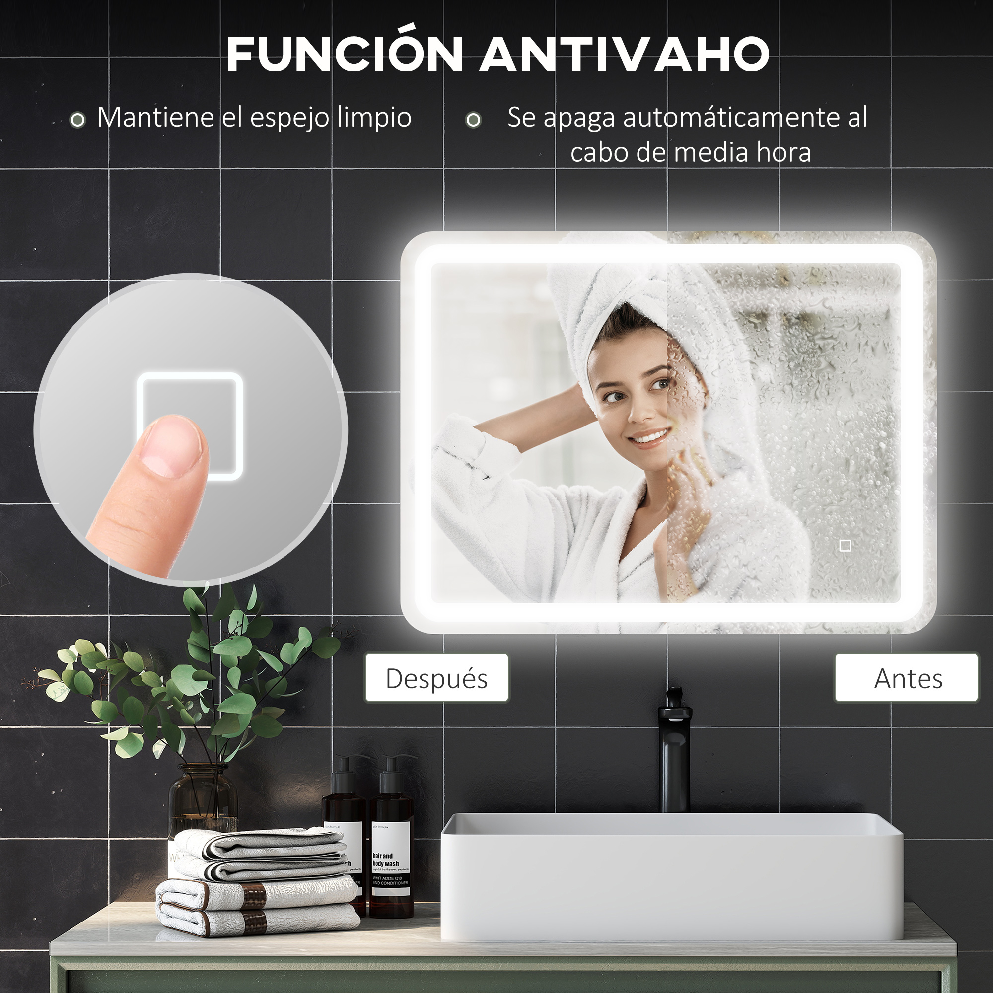 Un dedo toca un botón. Se ve un espejo con luz LED.