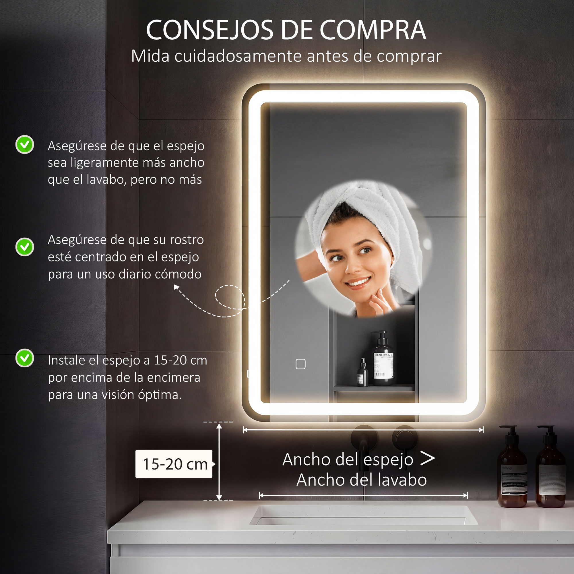 Un espejo iluminado sobre un lavabo con botellas de producto.