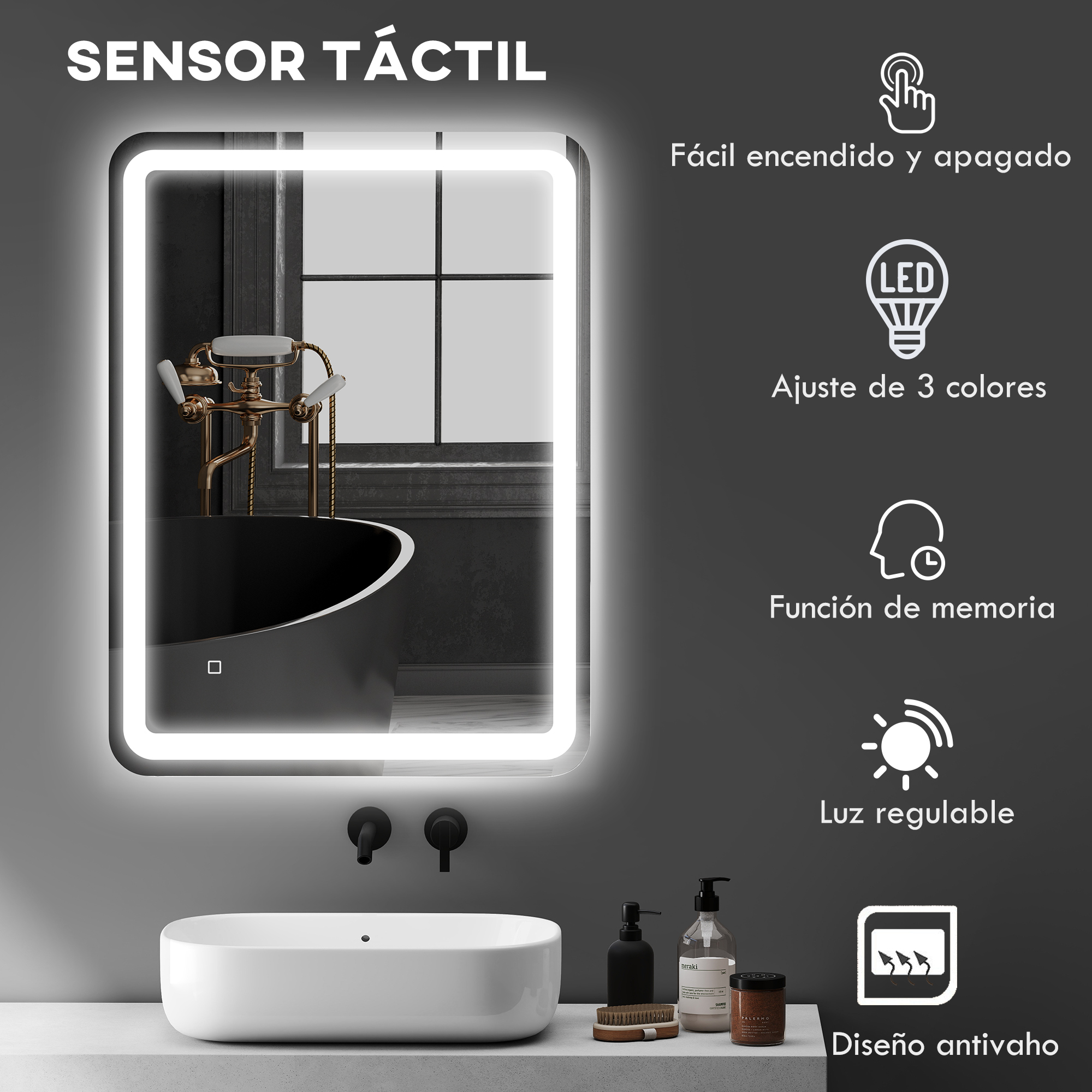 Espejo de baño con LED, control táctil, 3 modos de color, función de memoria.