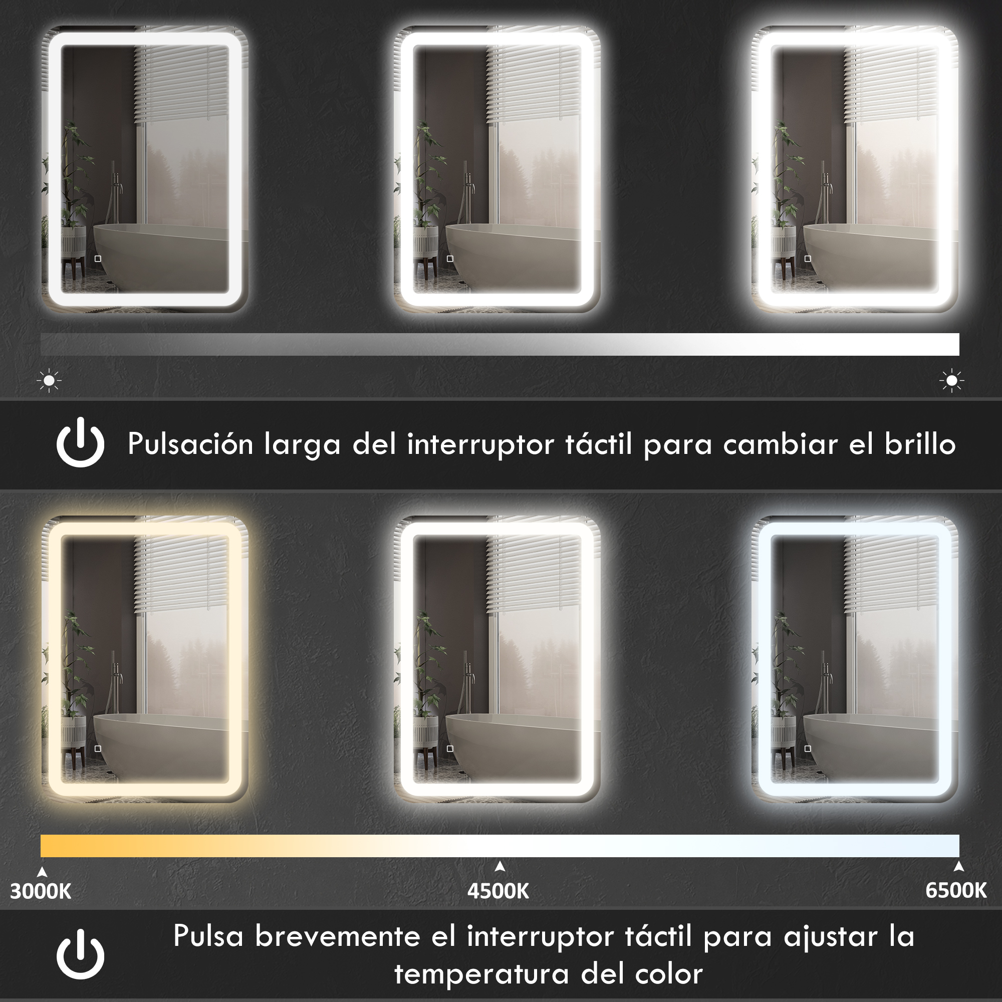 Espejo de baño con brillo y temperatura de color ajustables.