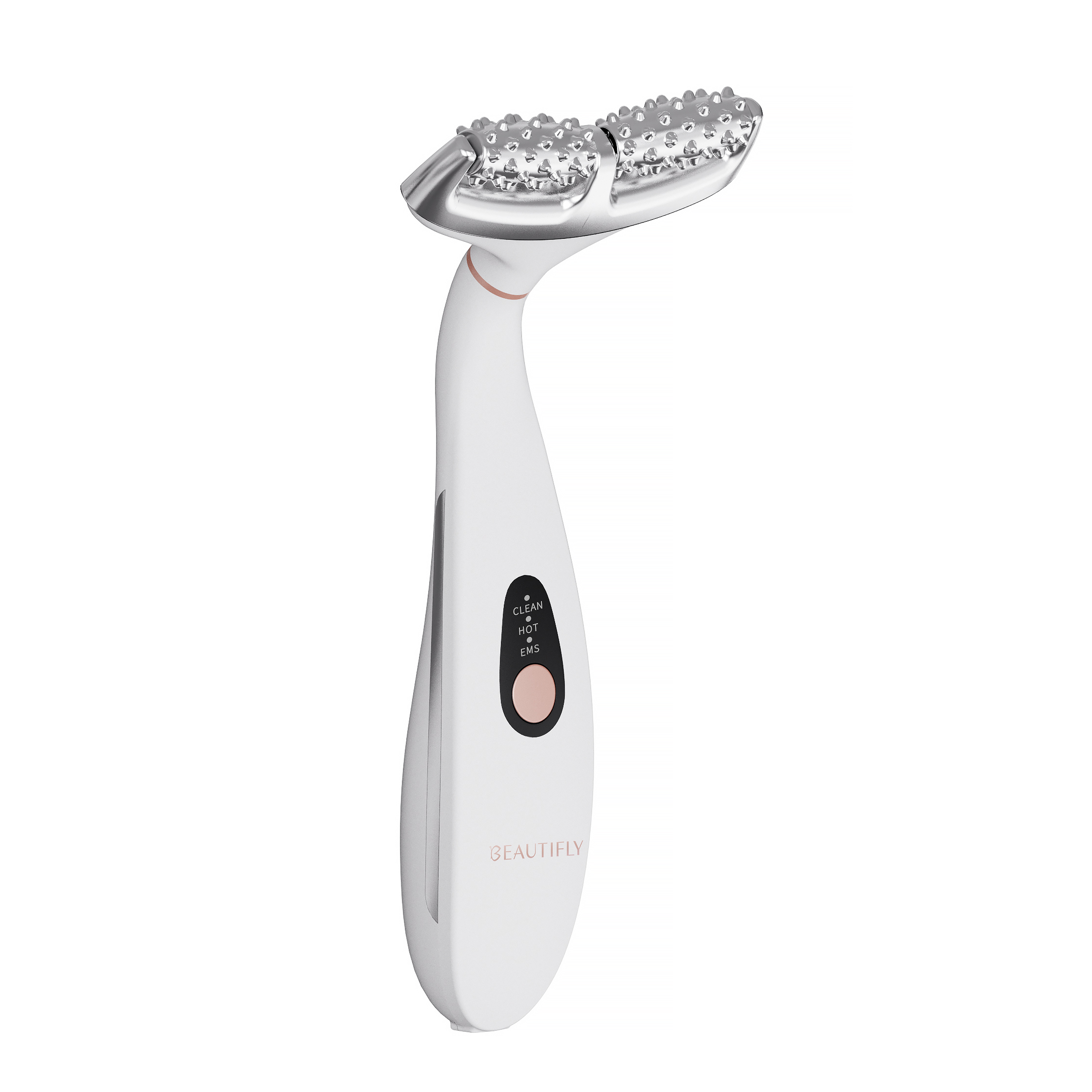Un rodillo facial blanco con cabeza plateada y tachonada. Controles en el mango.