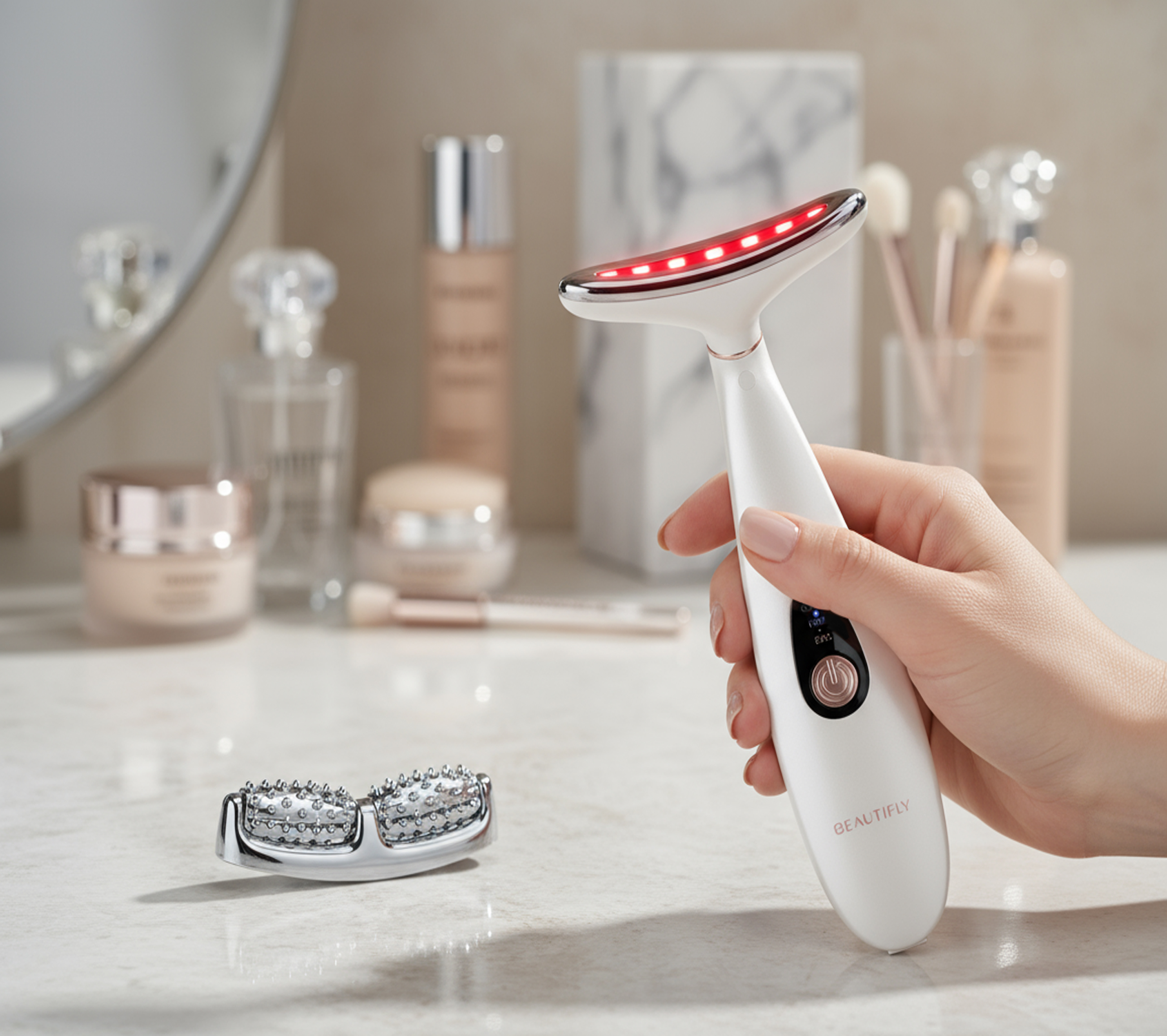 Una mano sostiene un dispositivo de belleza blanco con luz roja. Cerca hay un rodillo plateado.
